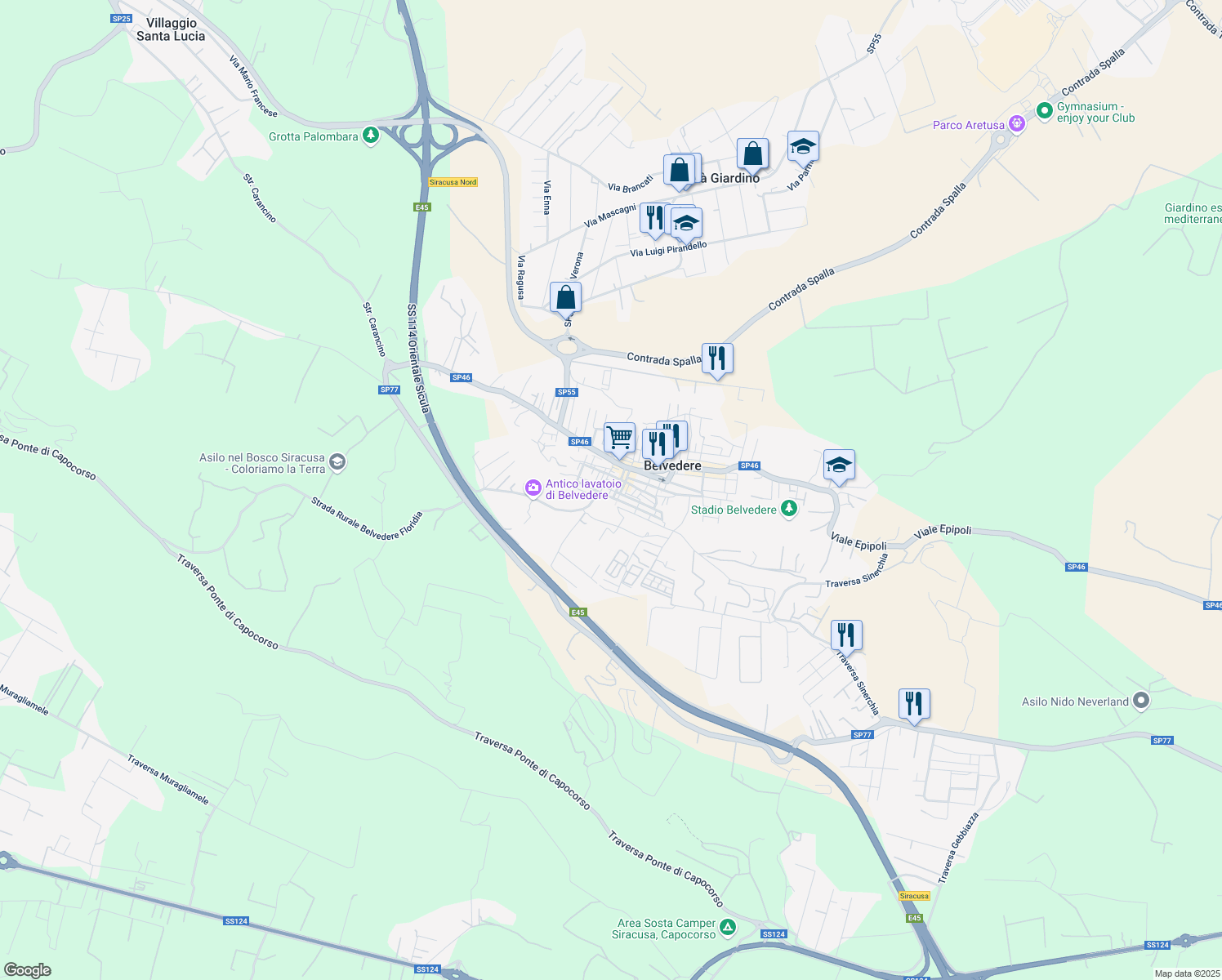 map of restaurants, bars, coffee shops, grocery stores, and more near 70 Via Plebiscito in Belvedere