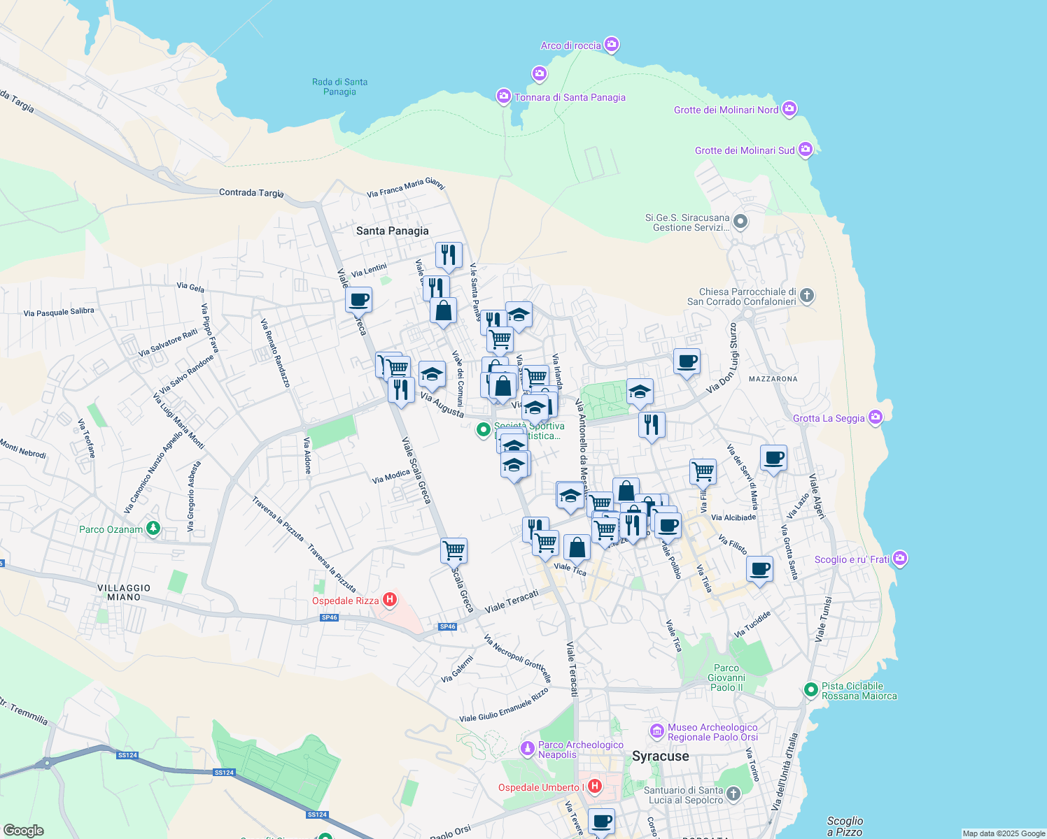 map of restaurants, bars, coffee shops, grocery stores, and more near 15 Via Unione Sovietica in Siracusa