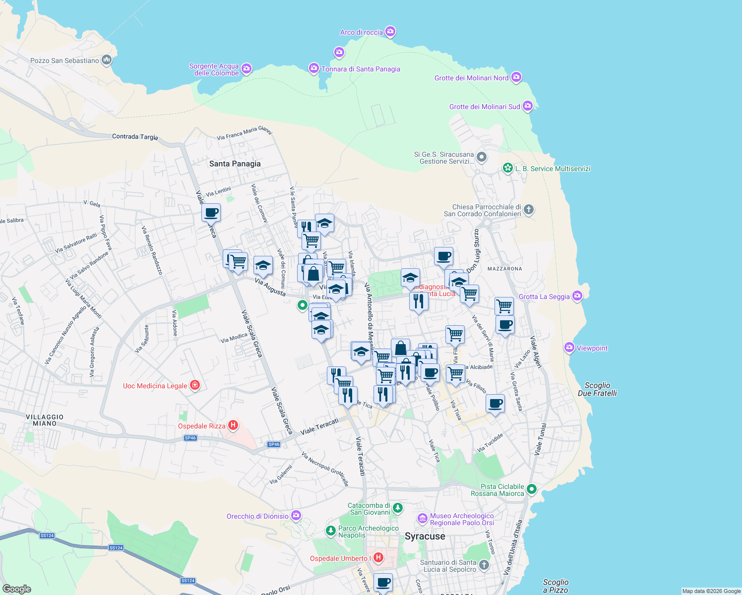 map of restaurants, bars, coffee shops, grocery stores, and more near 878 Via Antonello da Messina in Siracusa