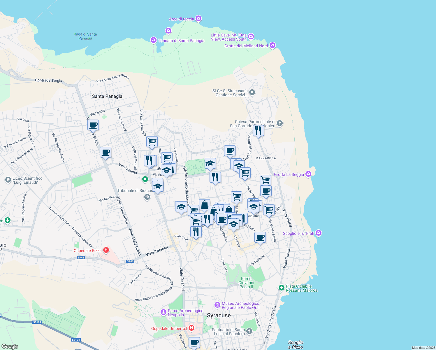 map of restaurants, bars, coffee shops, grocery stores, and more near 3 Via Francesco Accolla in Siracusa