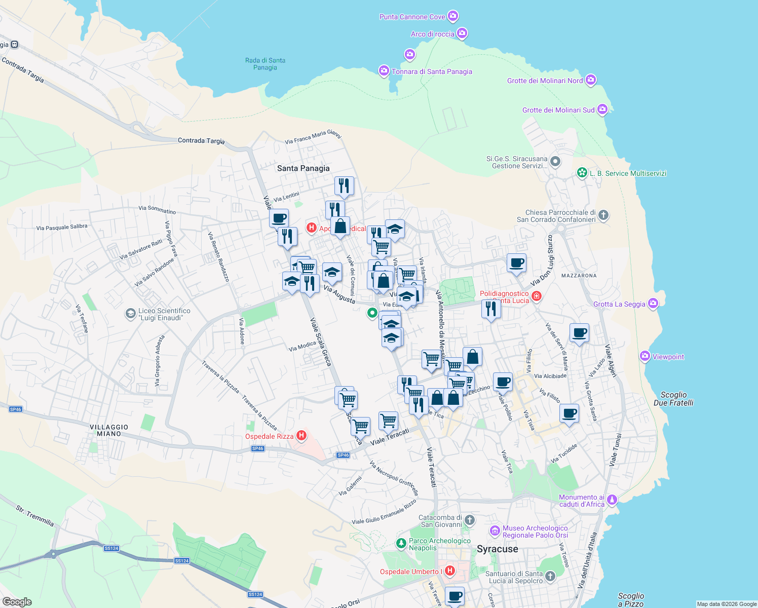 map of restaurants, bars, coffee shops, grocery stores, and more near 23 Via Augusta in Siracusa