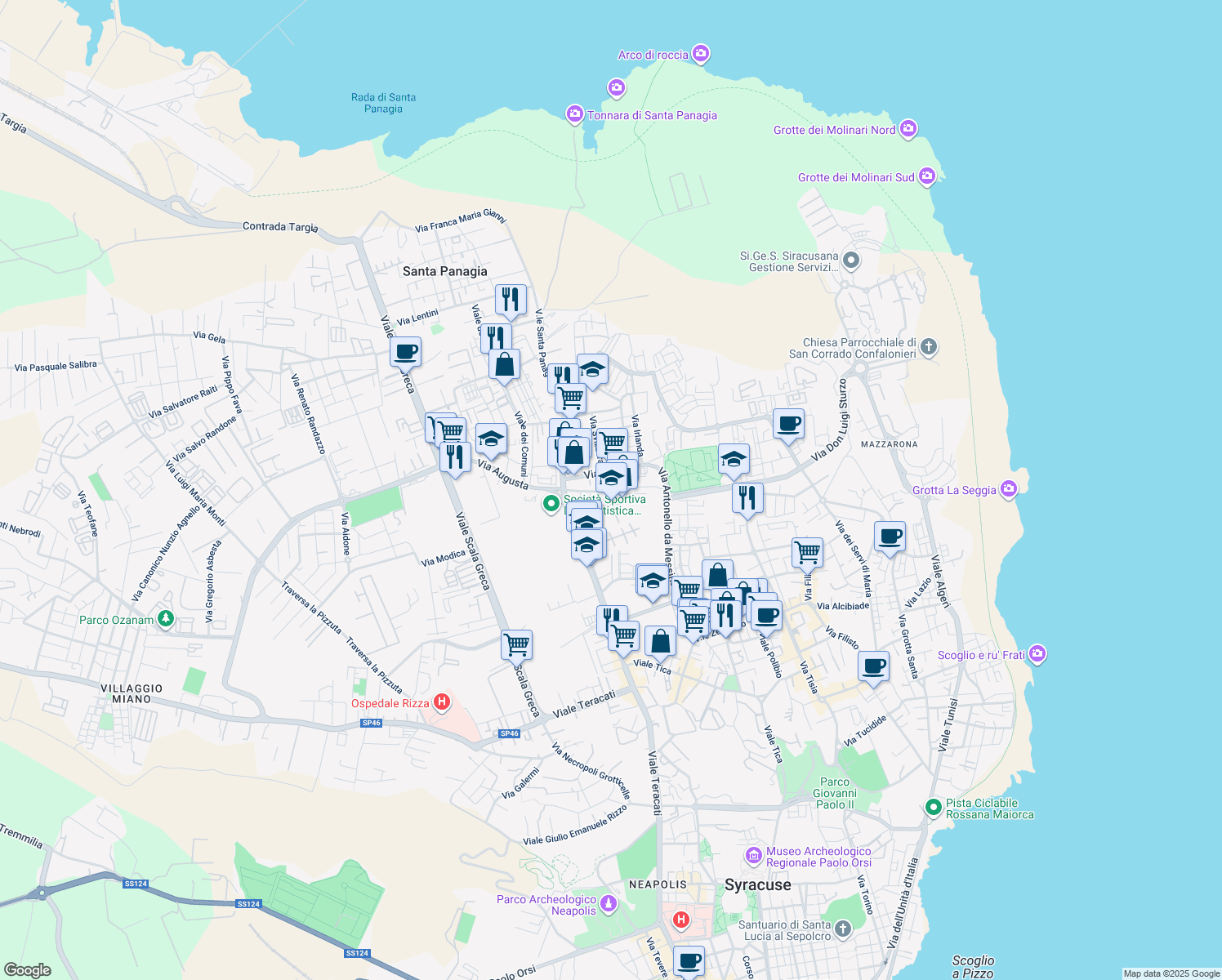 map of restaurants, bars, coffee shops, grocery stores, and more near 33 Via Europa in Siracusa