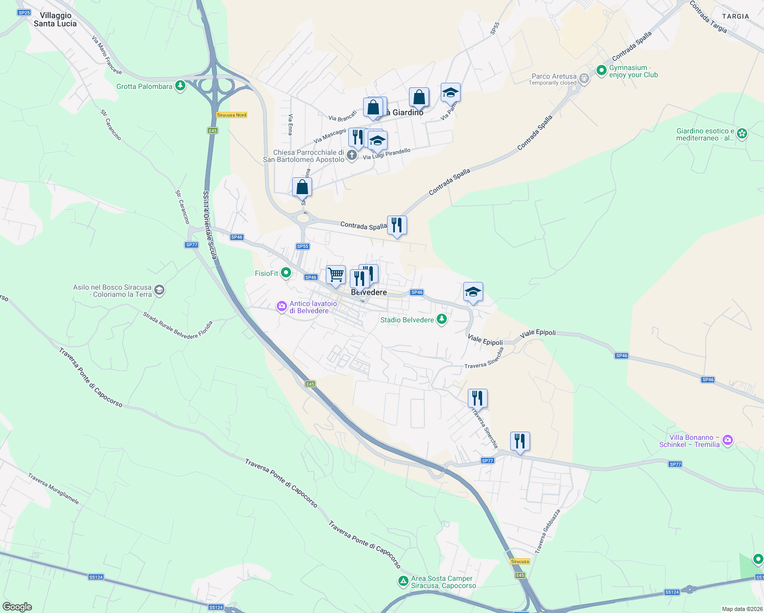 map of restaurants, bars, coffee shops, grocery stores, and more near 75 Via dell'Indipendenza in Belvedere