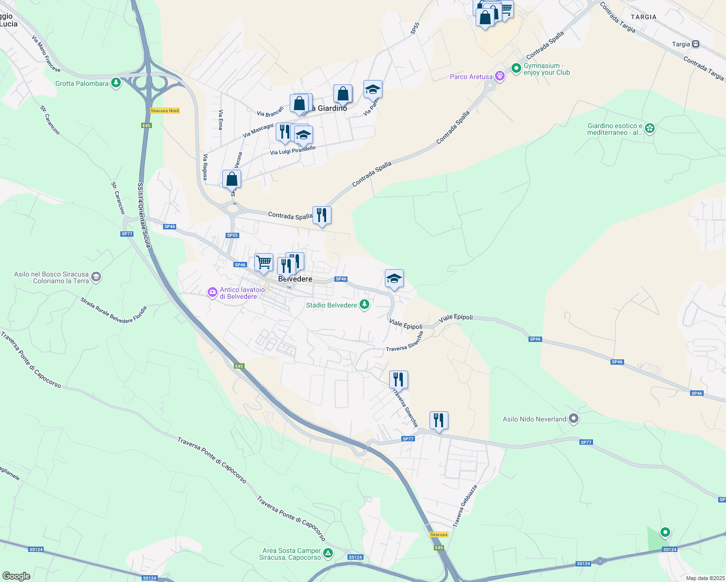 map of restaurants, bars, coffee shops, grocery stores, and more near 25 Via Siracusa in Belvedere