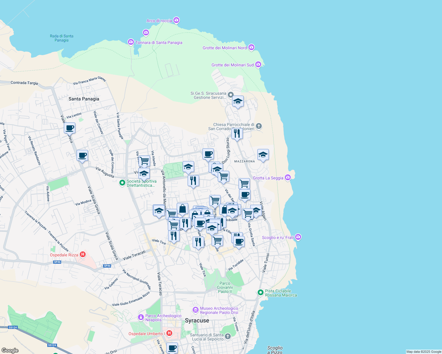 map of restaurants, bars, coffee shops, grocery stores, and more near 74 Via Francesco Accolla in Siracusa