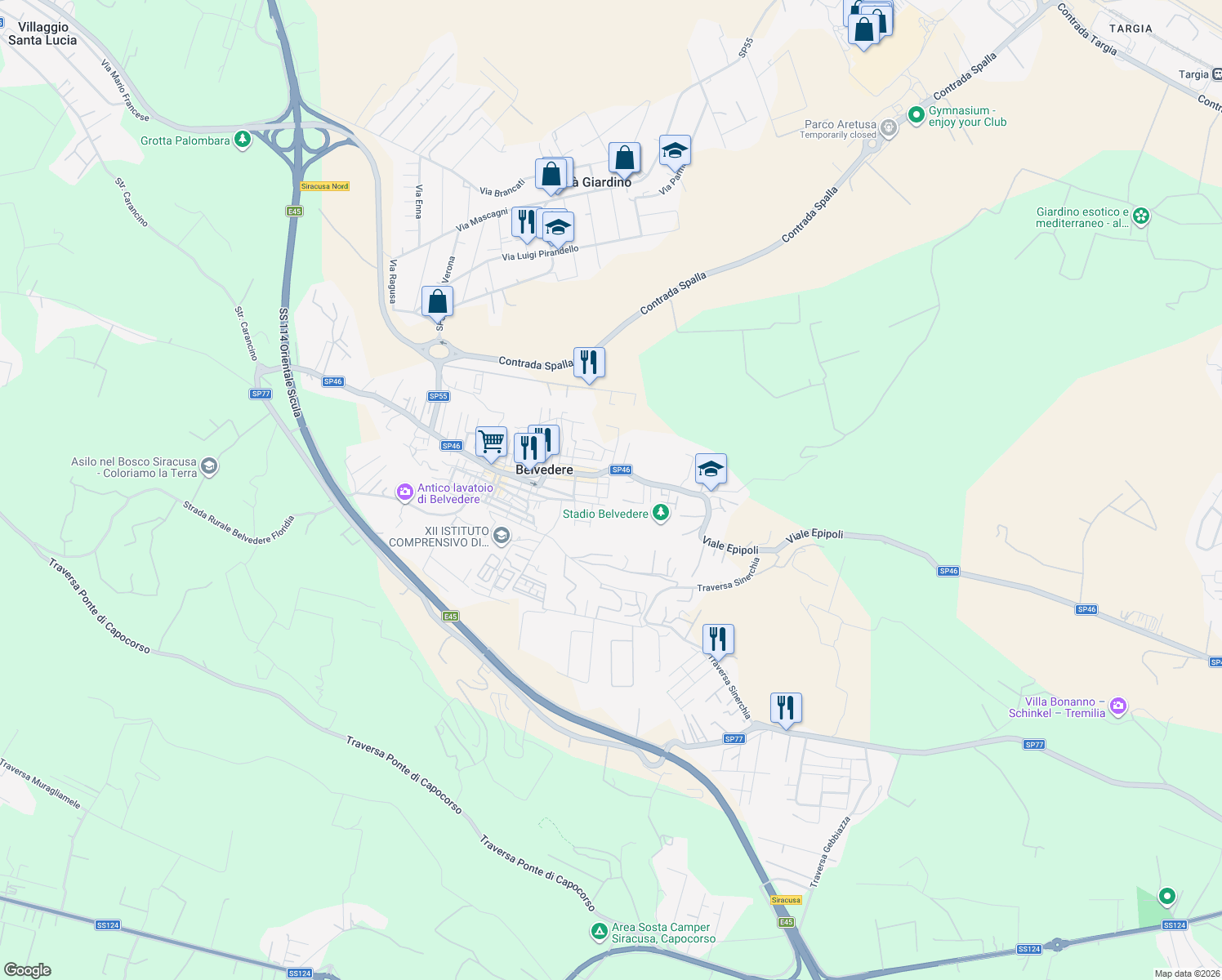 map of restaurants, bars, coffee shops, grocery stores, and more near Via Siracusa in Belvedere