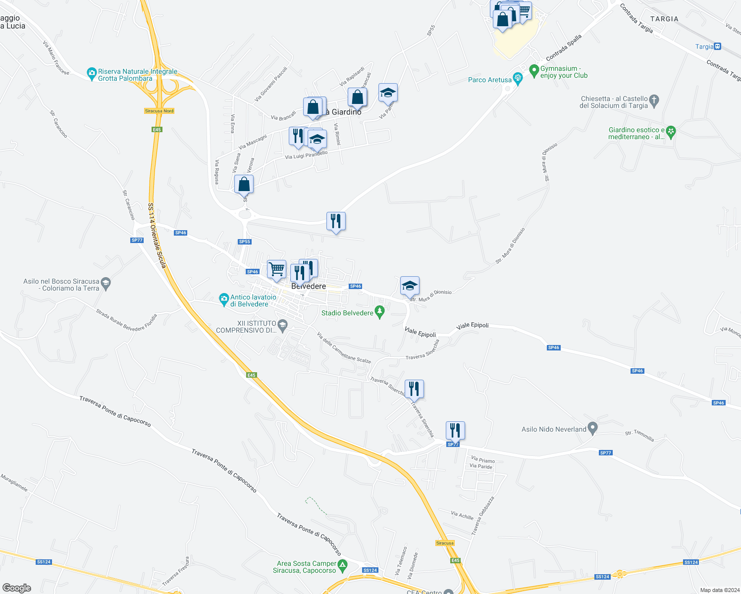 map of restaurants, bars, coffee shops, grocery stores, and more near 25 Via Siracusa in Belvedere