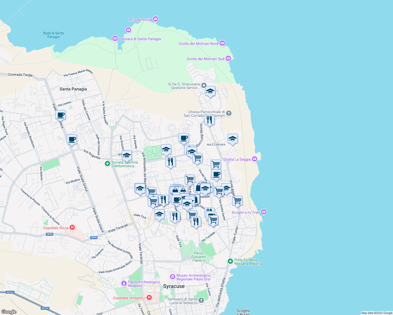 map of restaurants, bars, coffee shops, grocery stores, and more near 174 Via Grotta Santa in Siracusa