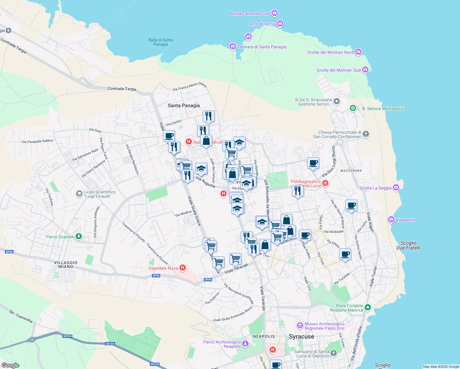 map of restaurants, bars, coffee shops, grocery stores, and more near 9 Via Italia in Siracusa