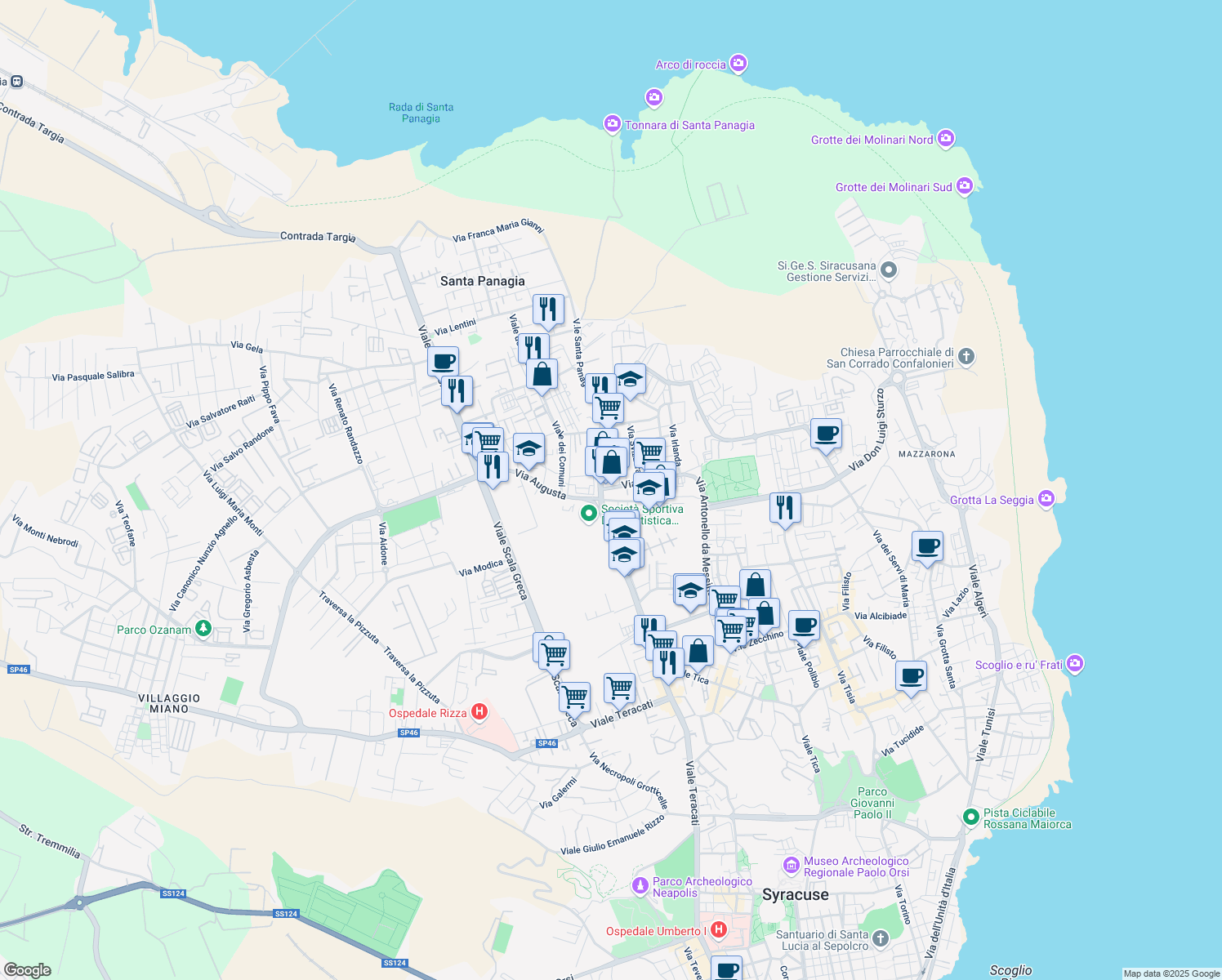 map of restaurants, bars, coffee shops, grocery stores, and more near 9 Via Italia in Siracusa