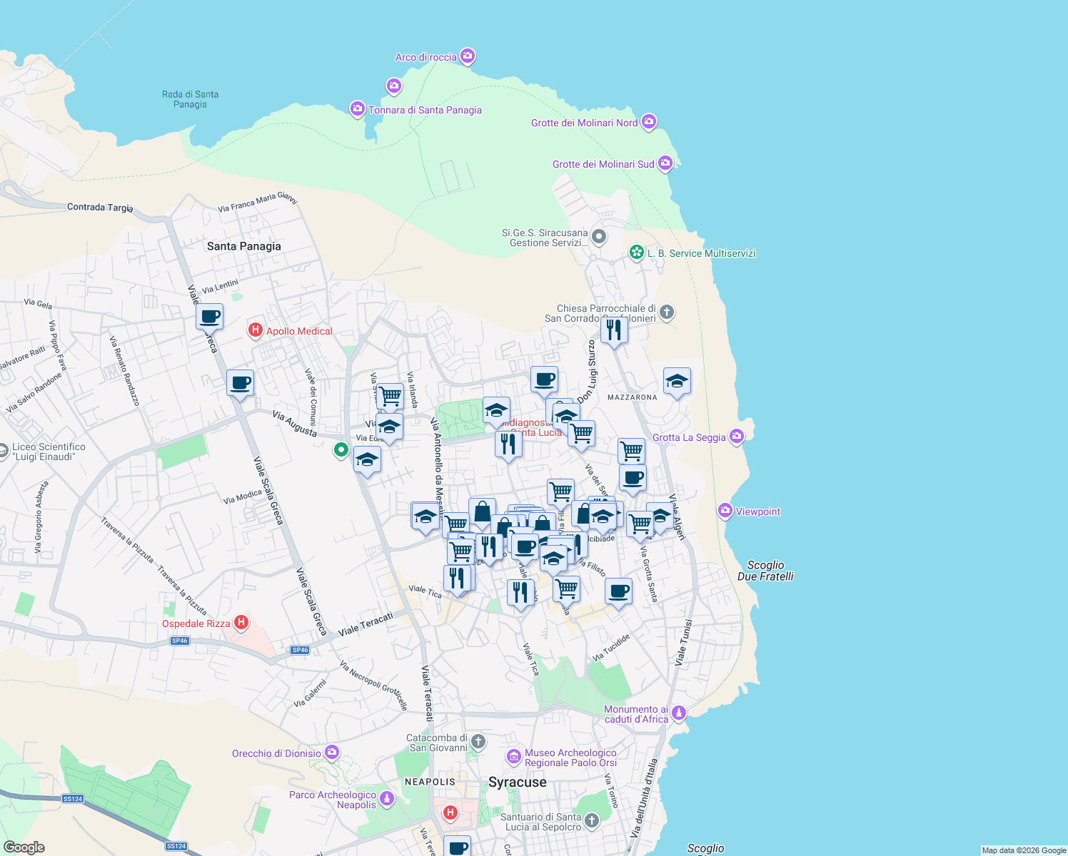 map of restaurants, bars, coffee shops, grocery stores, and more near 18 Via Francesco Accolla in Syracuse