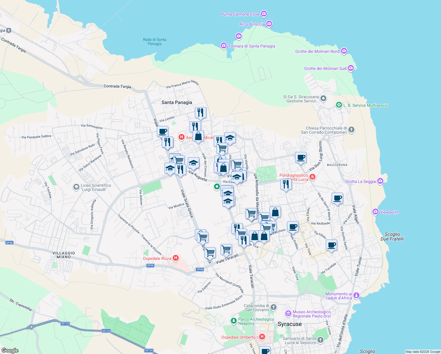 map of restaurants, bars, coffee shops, grocery stores, and more near 23 Via Augusta in Syracuse