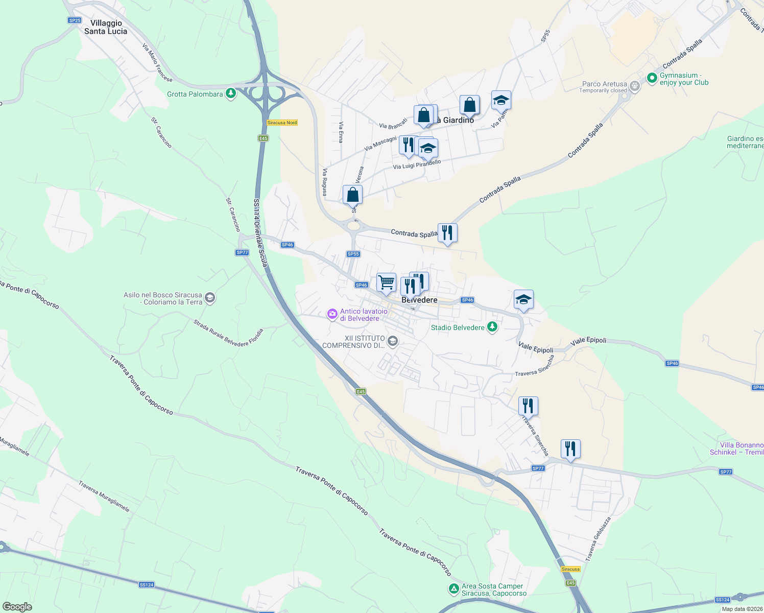 map of restaurants, bars, coffee shops, grocery stores, and more near 70 Via Plebiscito in Belvedere