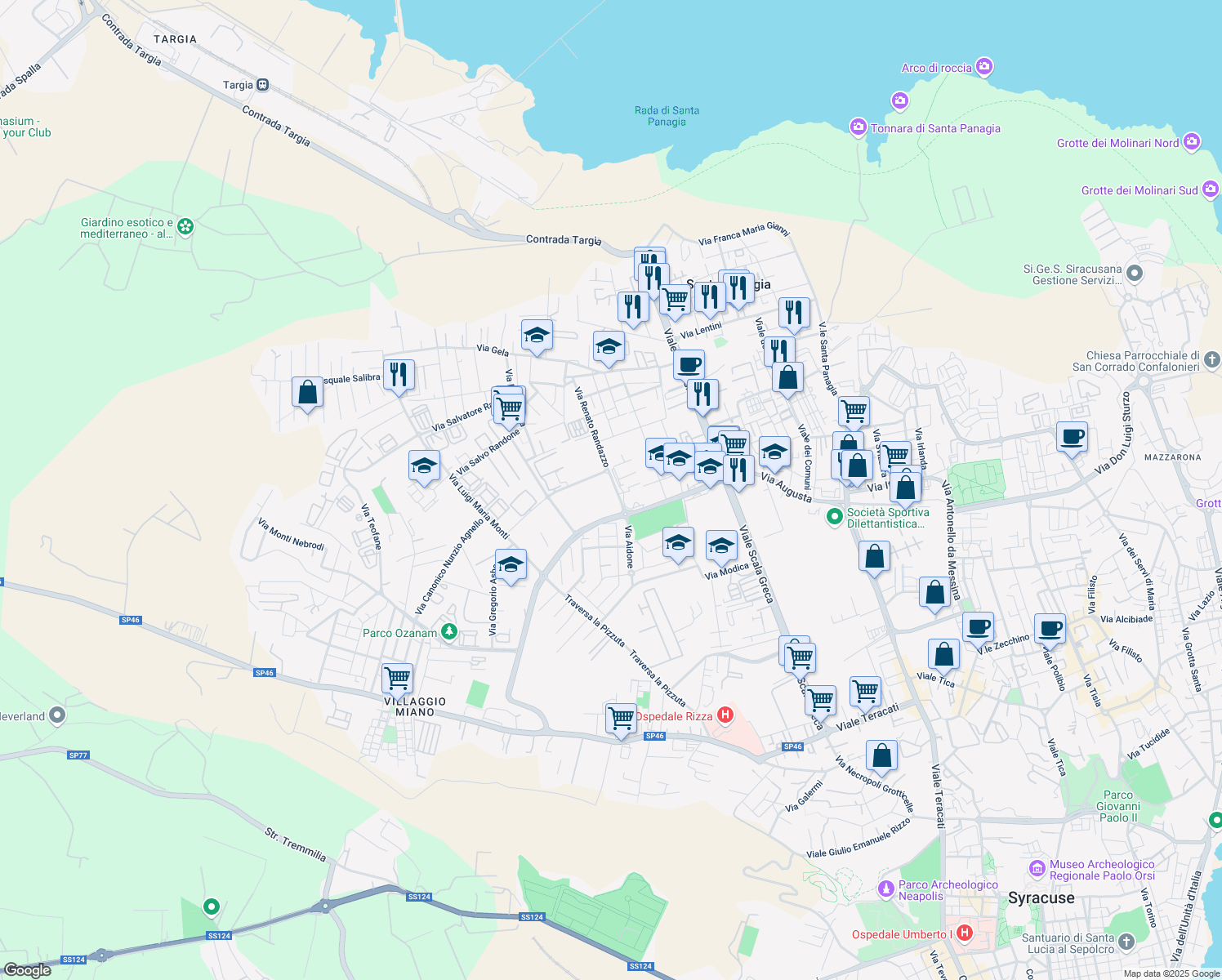 map of restaurants, bars, coffee shops, grocery stores, and more near 29 Via Aidone in Siracusa