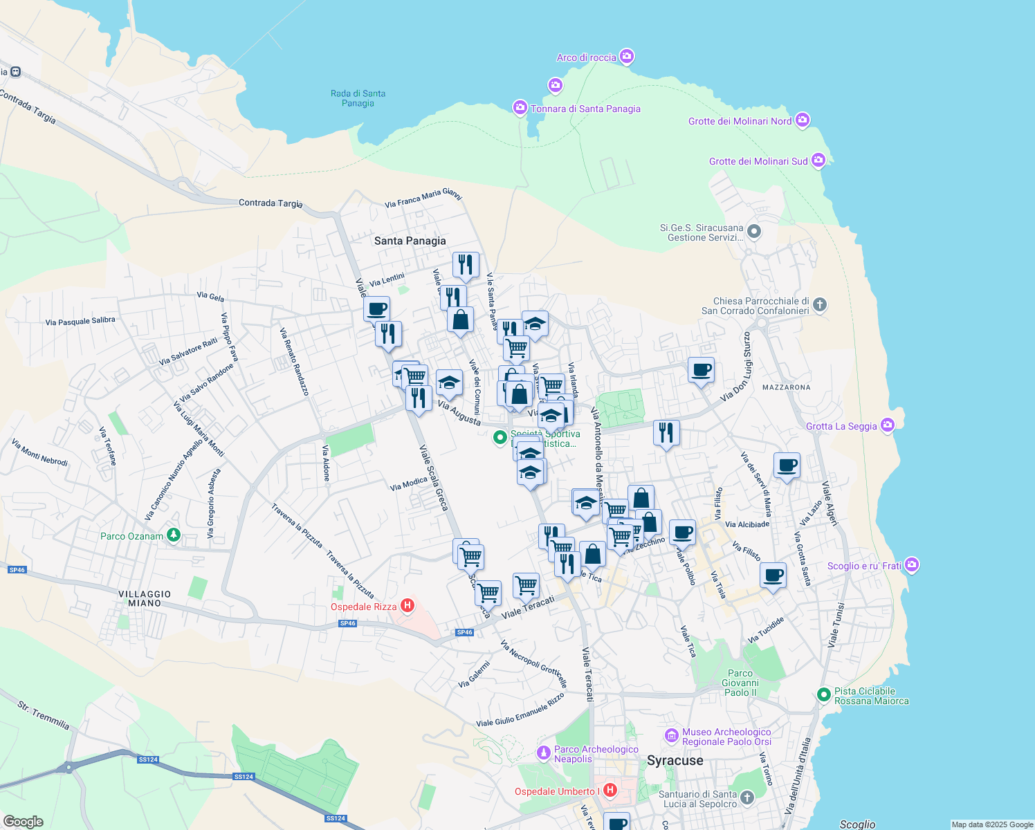 map of restaurants, bars, coffee shops, grocery stores, and more near 9 Via Italia in Siracusa