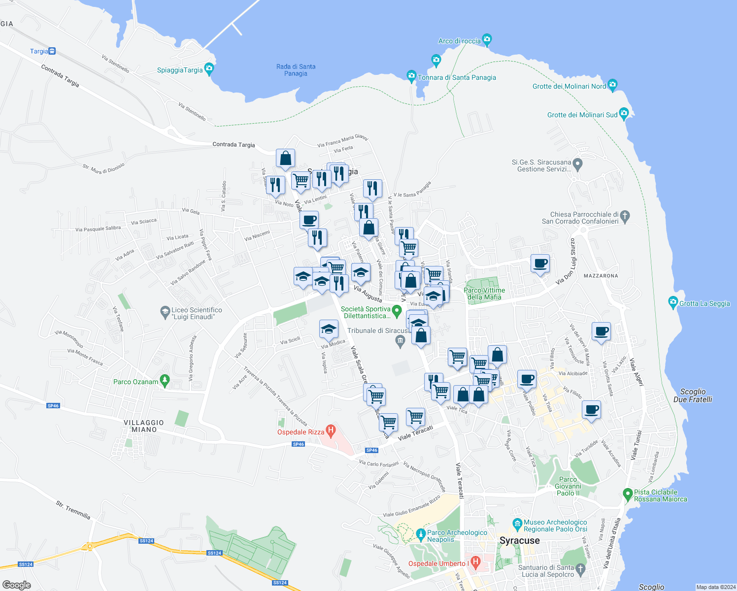 map of restaurants, bars, coffee shops, grocery stores, and more near 29 Via Augusta in Siracusa