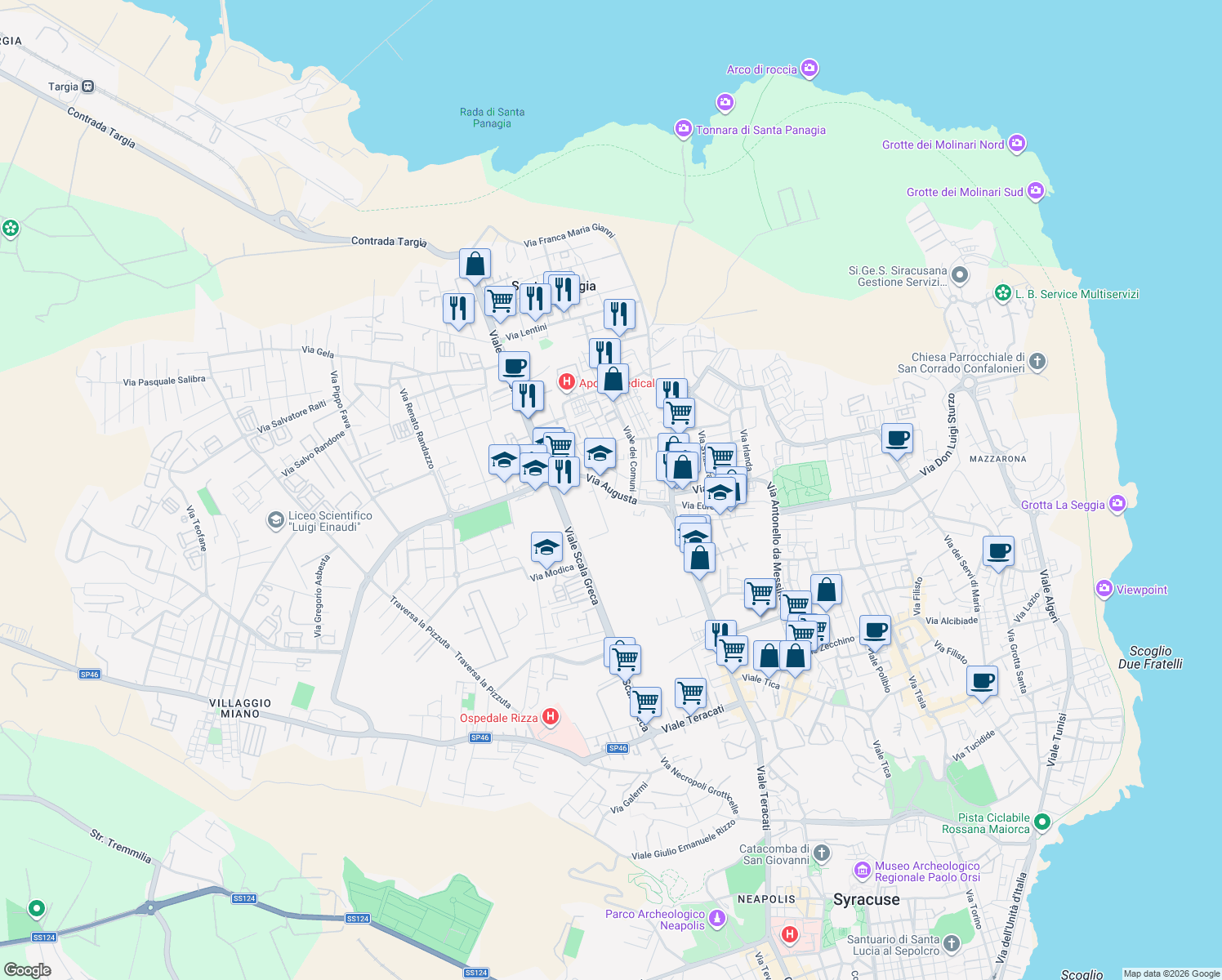 map of restaurants, bars, coffee shops, grocery stores, and more near 29 Via Augusta in Siracusa