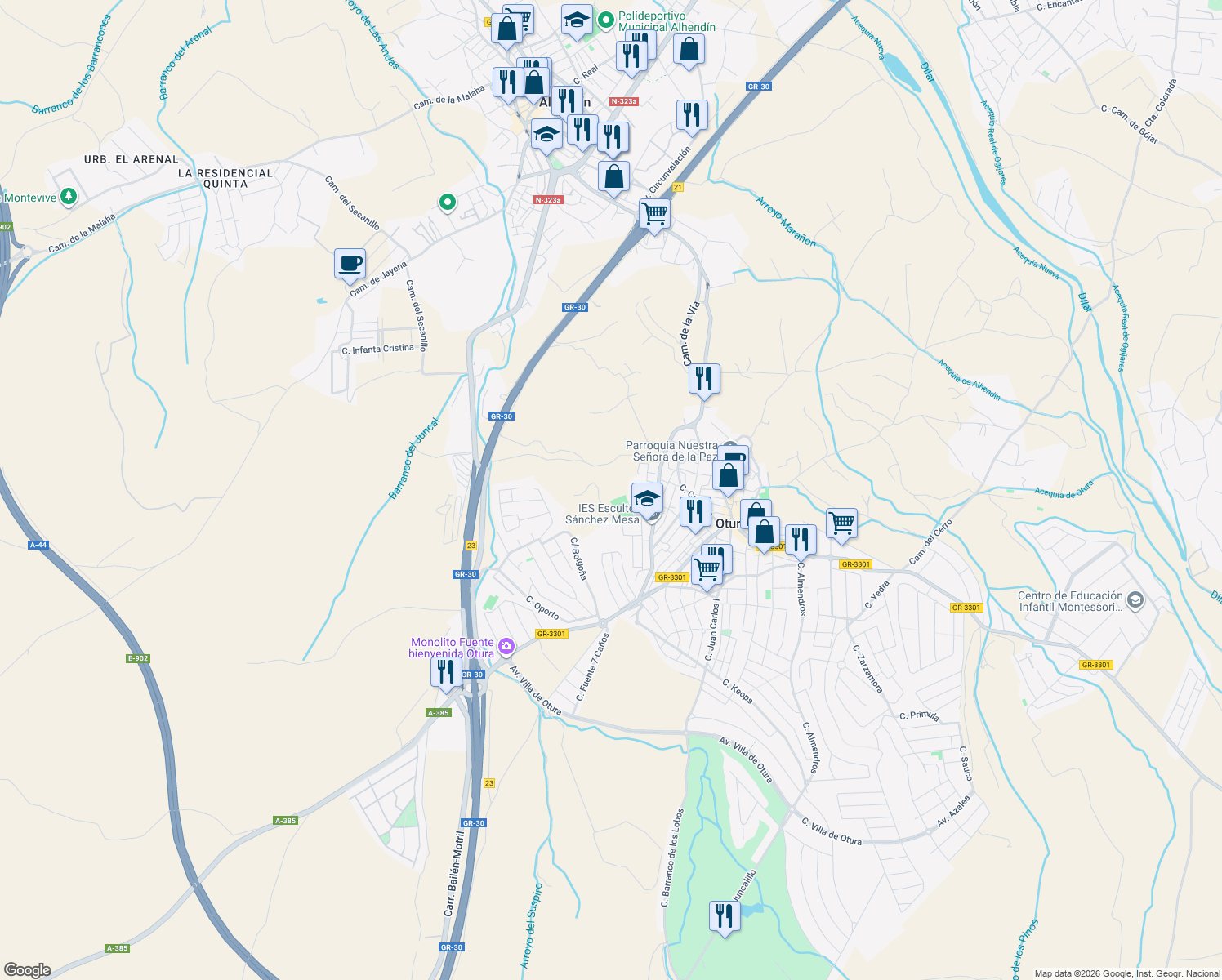 map of restaurants, bars, coffee shops, grocery stores, and more near 4 Urbanizacion Monte Oliva in Otura