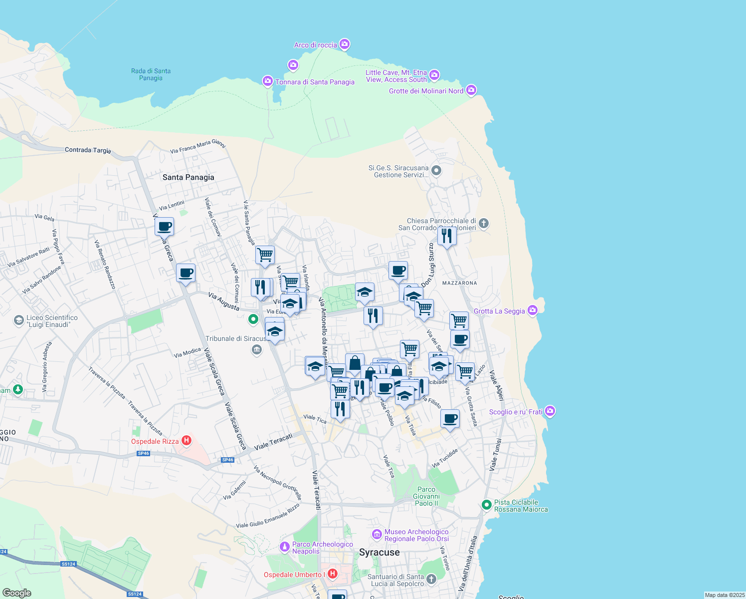 map of restaurants, bars, coffee shops, grocery stores, and more near 3 Via Francesco Accolla in Siracusa