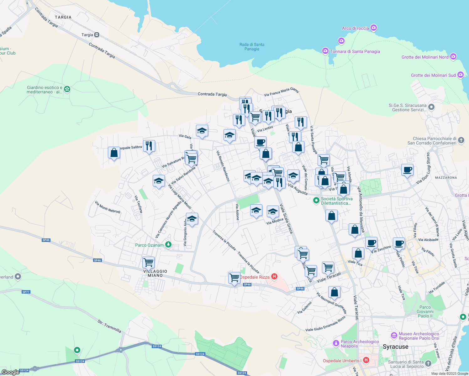 map of restaurants, bars, coffee shops, grocery stores, and more near 29 Via Aidone in Siracusa