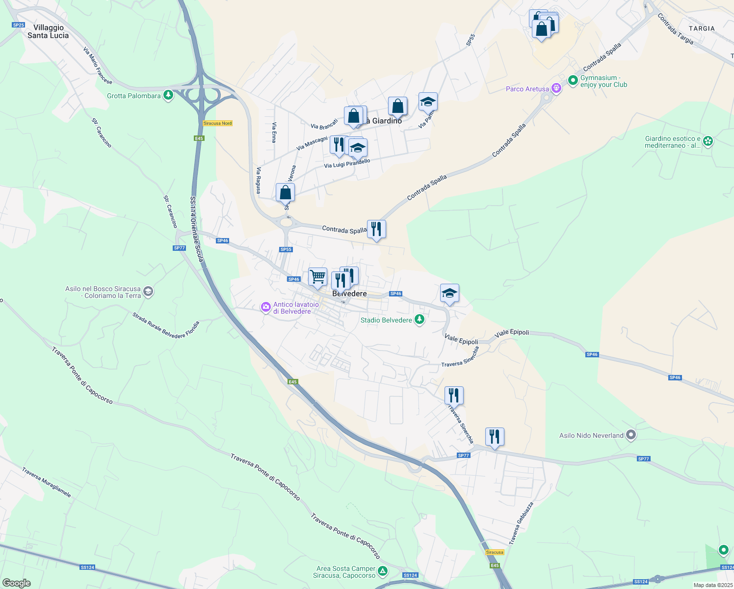 map of restaurants, bars, coffee shops, grocery stores, and more near 5 Via Luigi Capuana in Belvedere