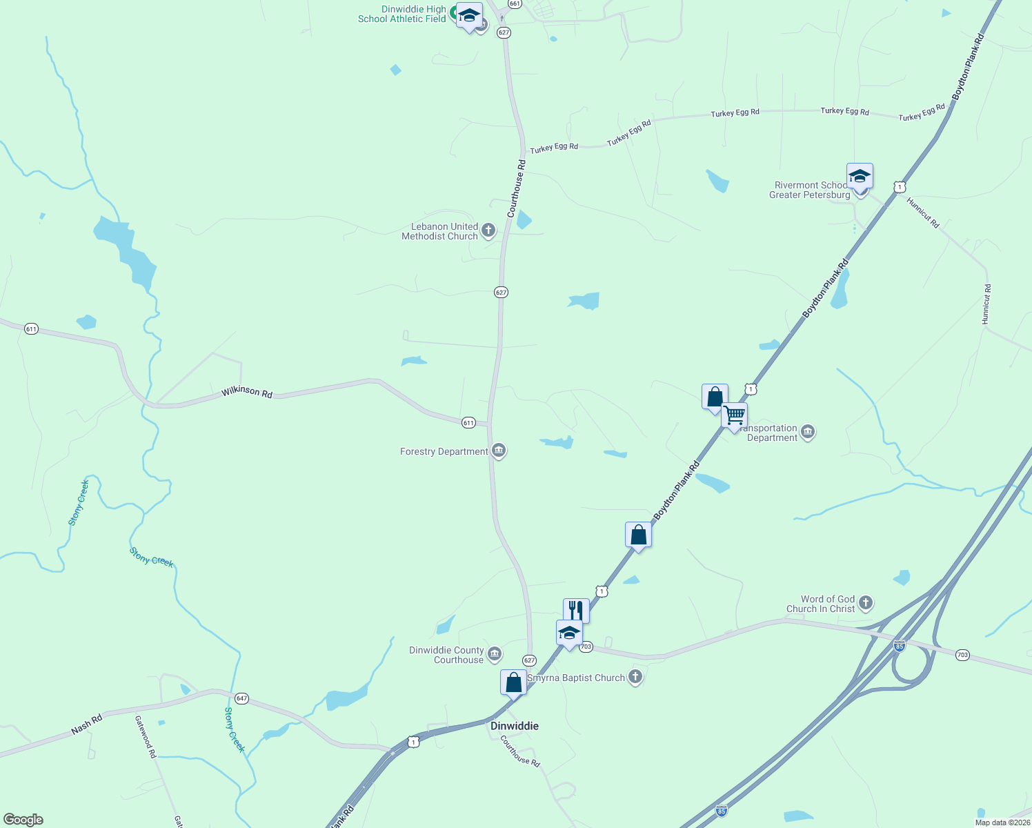 map of restaurants, bars, coffee shops, grocery stores, and more near 18407 Lakewood Dr in Dinwiddie