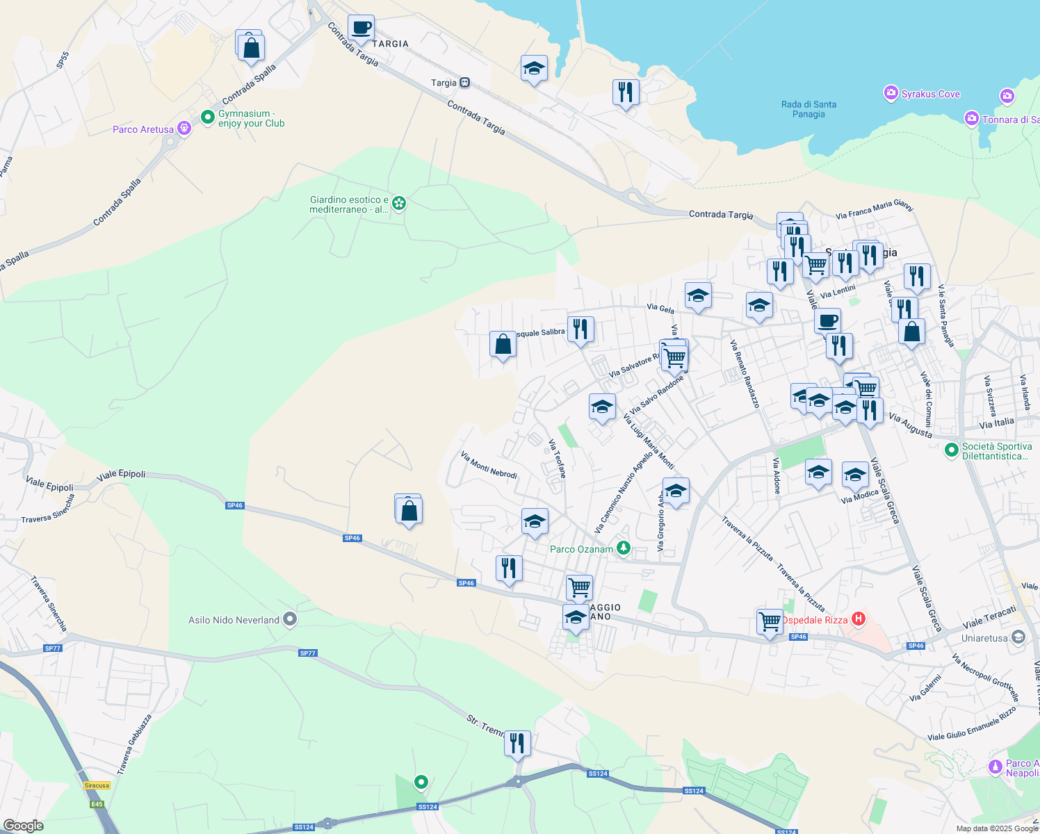 map of restaurants, bars, coffee shops, grocery stores, and more near 1 Via Natale Bonajuto in Siracusa