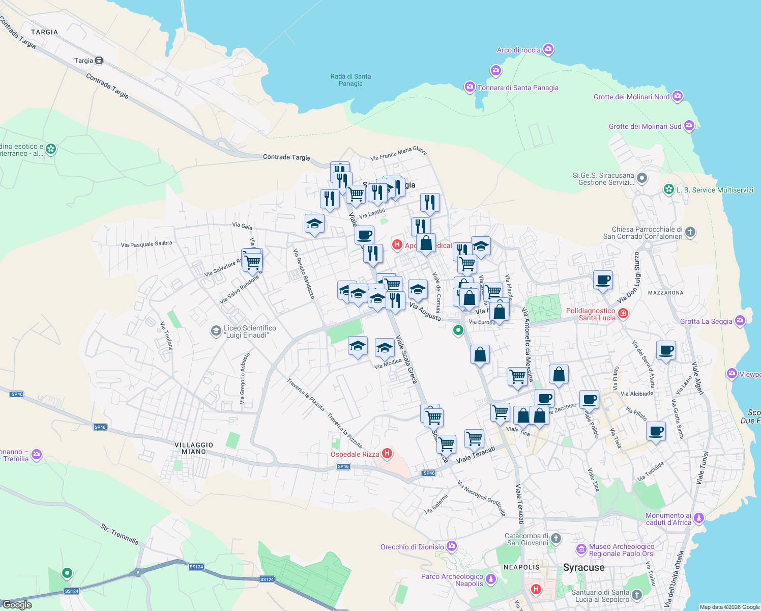 map of restaurants, bars, coffee shops, grocery stores, and more near 248 Viale Scala Greca in Siracusa