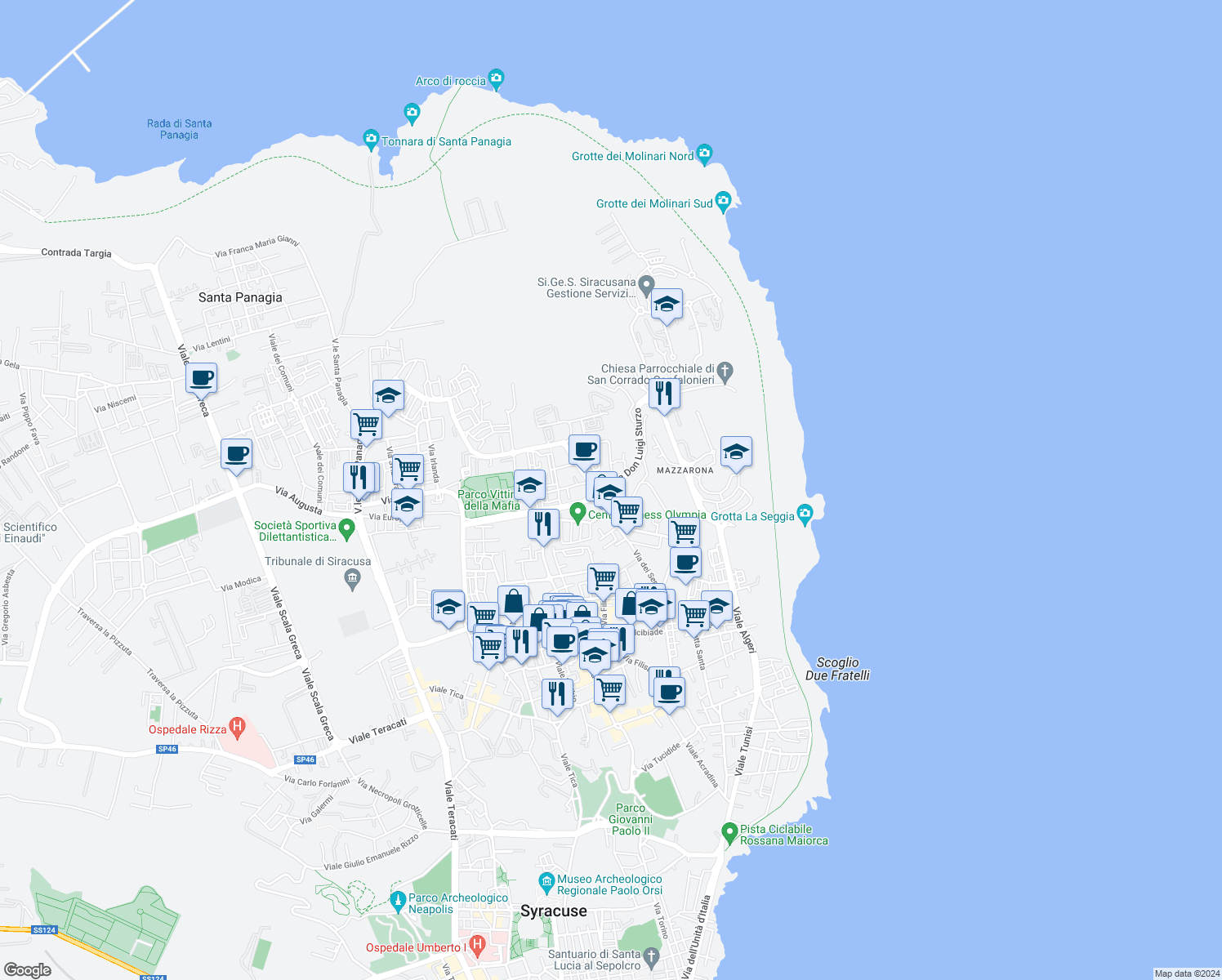 map of restaurants, bars, coffee shops, grocery stores, and more near 4 Via Don Luigi Sturzo in Siracusa