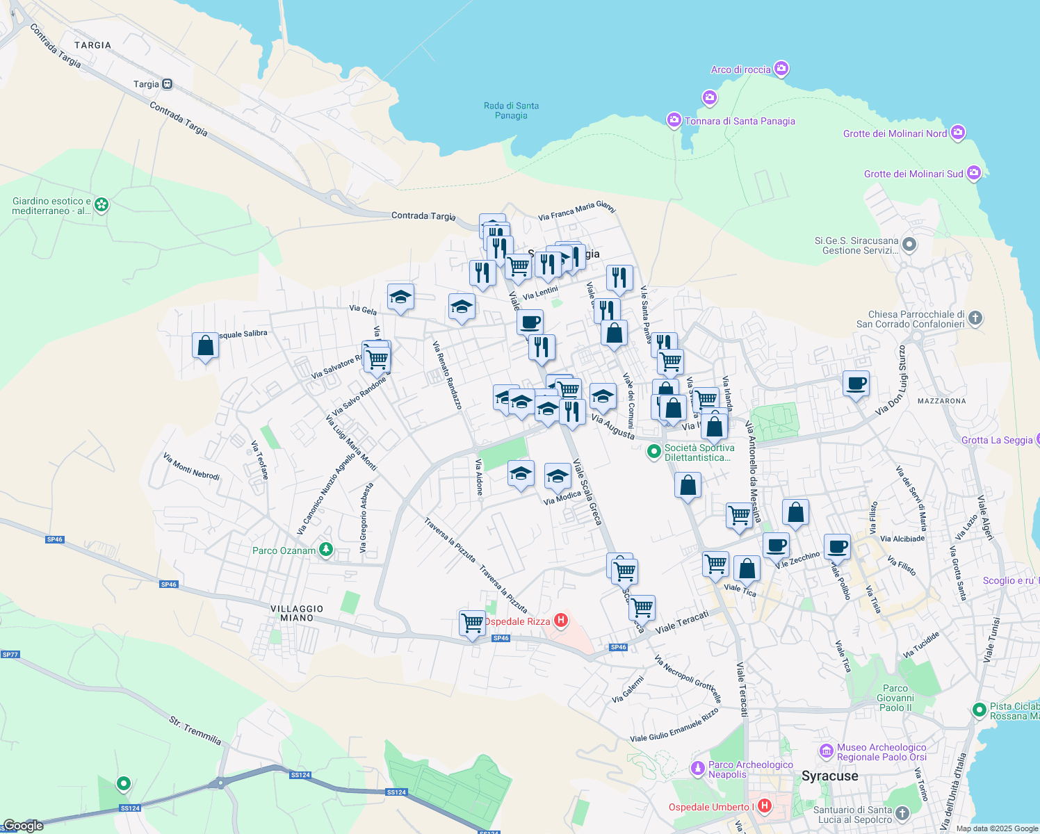 map of restaurants, bars, coffee shops, grocery stores, and more near Via Monsignor Salvatore Gozzo in Syracuse
