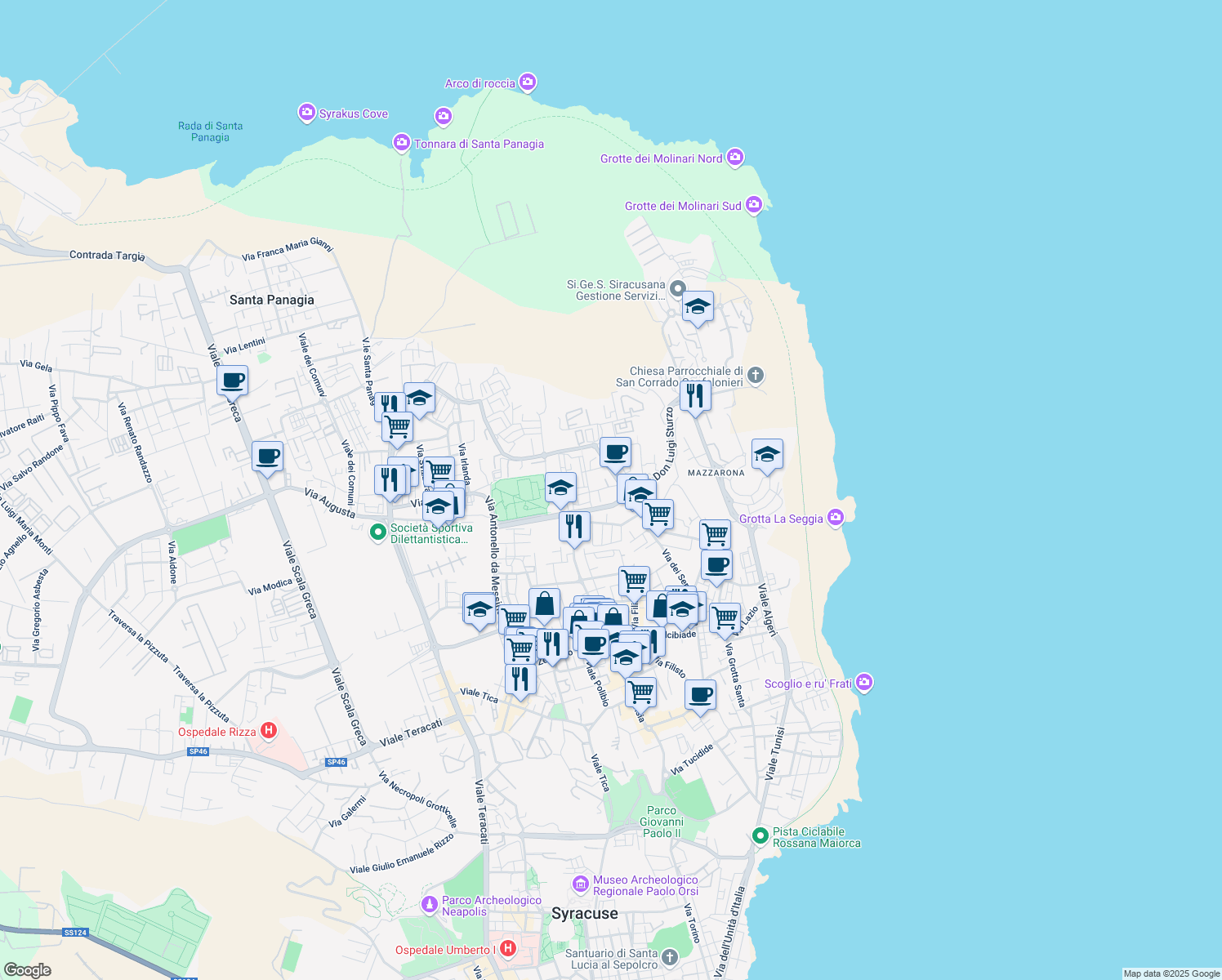 map of restaurants, bars, coffee shops, grocery stores, and more near 13 Via Michele Bonanno in Siracusa