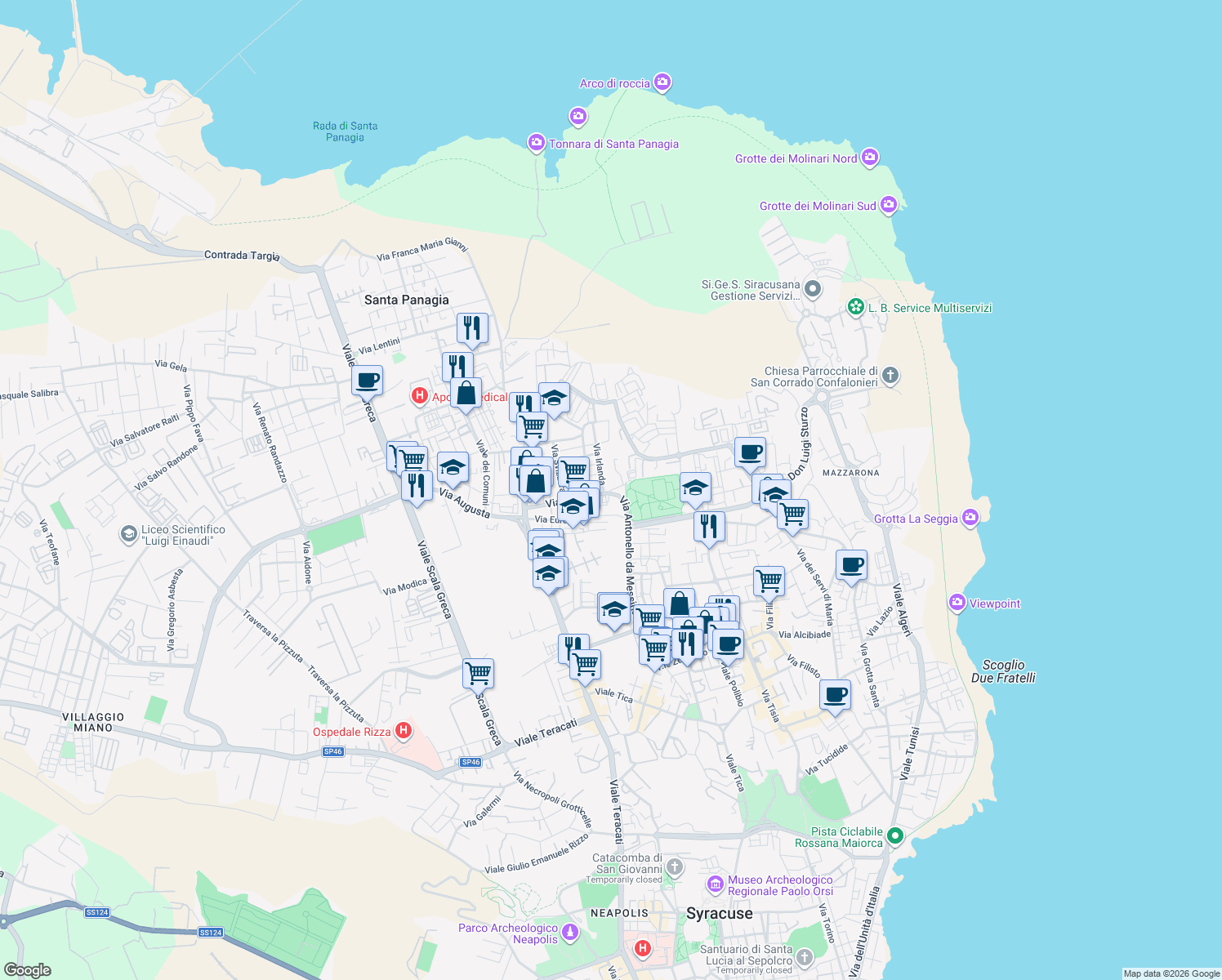 map of restaurants, bars, coffee shops, grocery stores, and more near 5 Via Irlanda in Syracuse