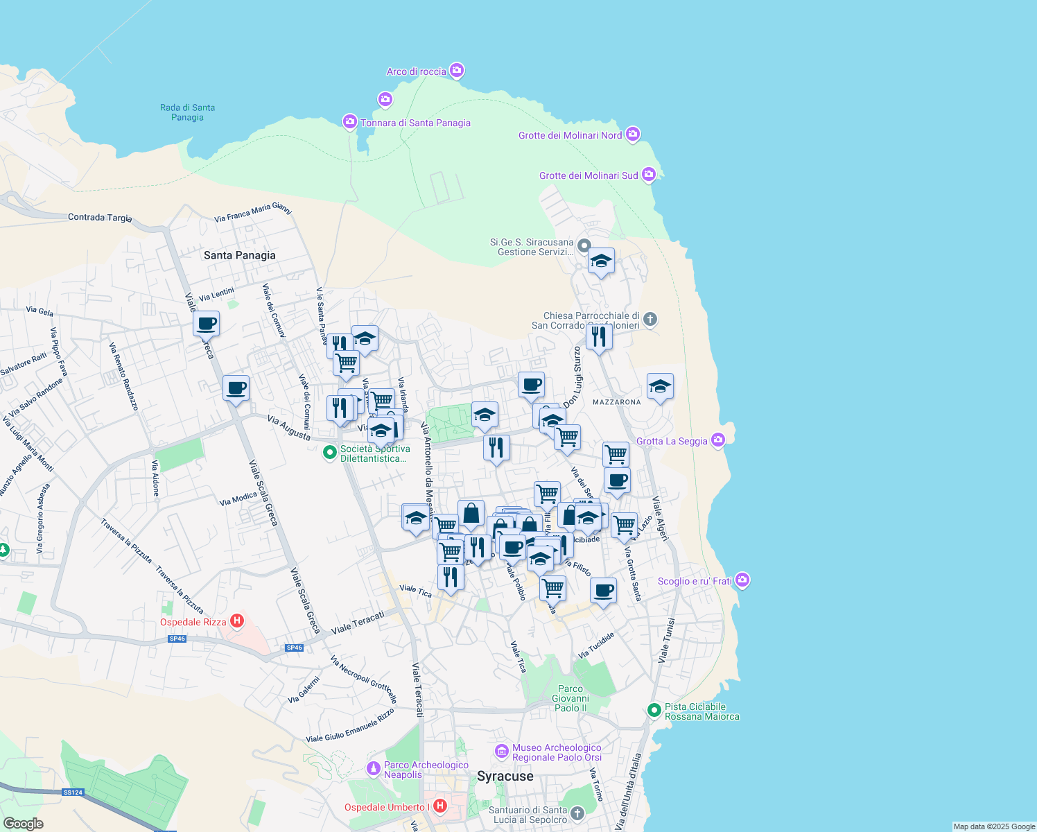 map of restaurants, bars, coffee shops, grocery stores, and more near 13 Via Michele Bonanno in Siracusa