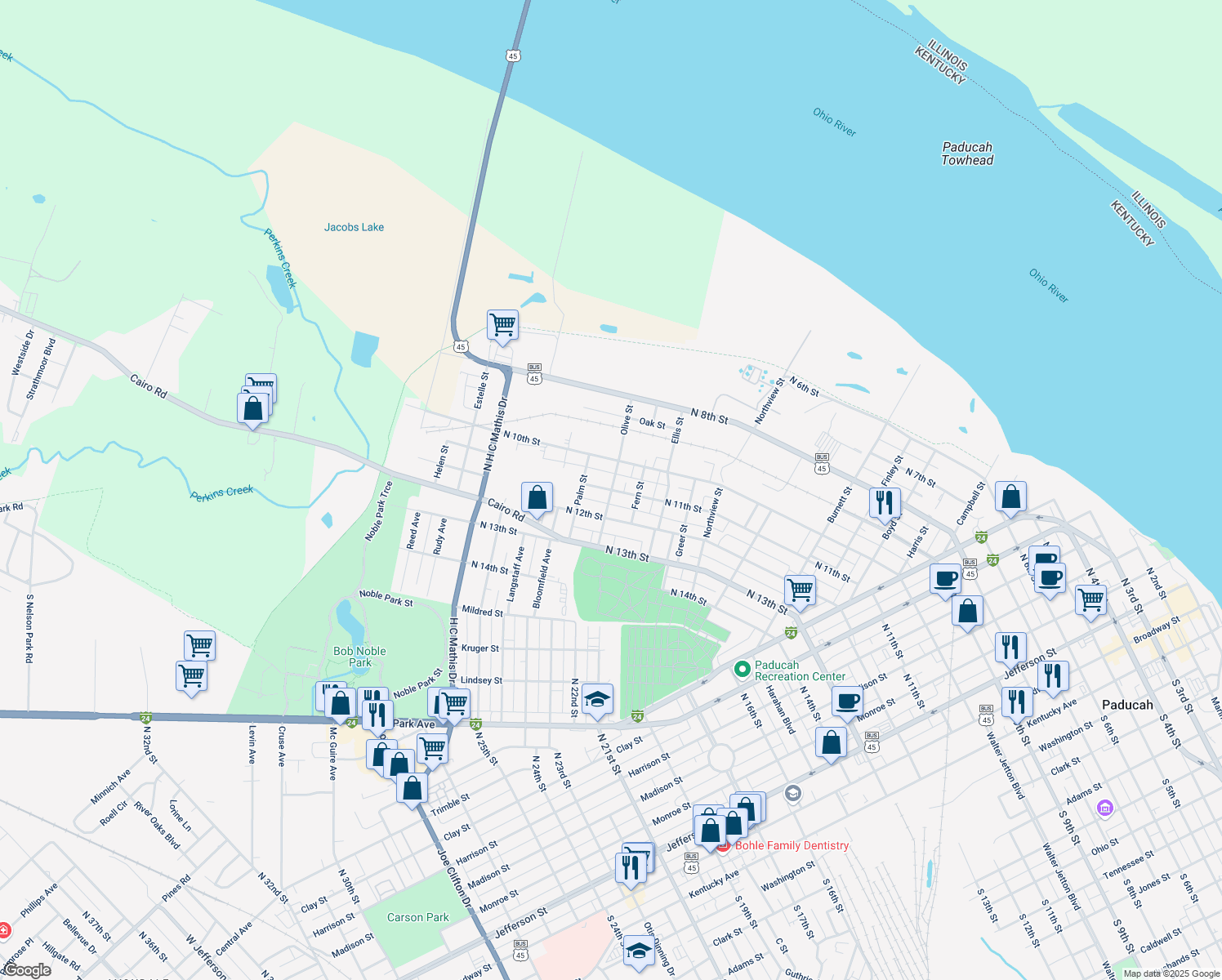 map of restaurants, bars, coffee shops, grocery stores, and more near 1698 N 11th St in Paducah