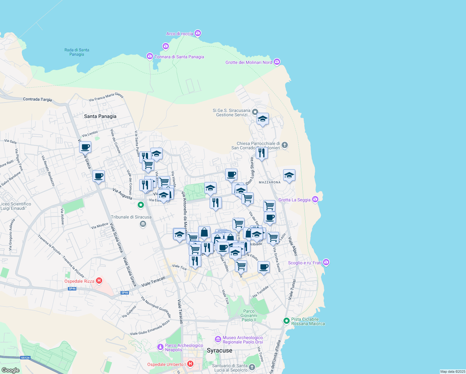 map of restaurants, bars, coffee shops, grocery stores, and more near 13 Via Michele Bonanno in Siracusa