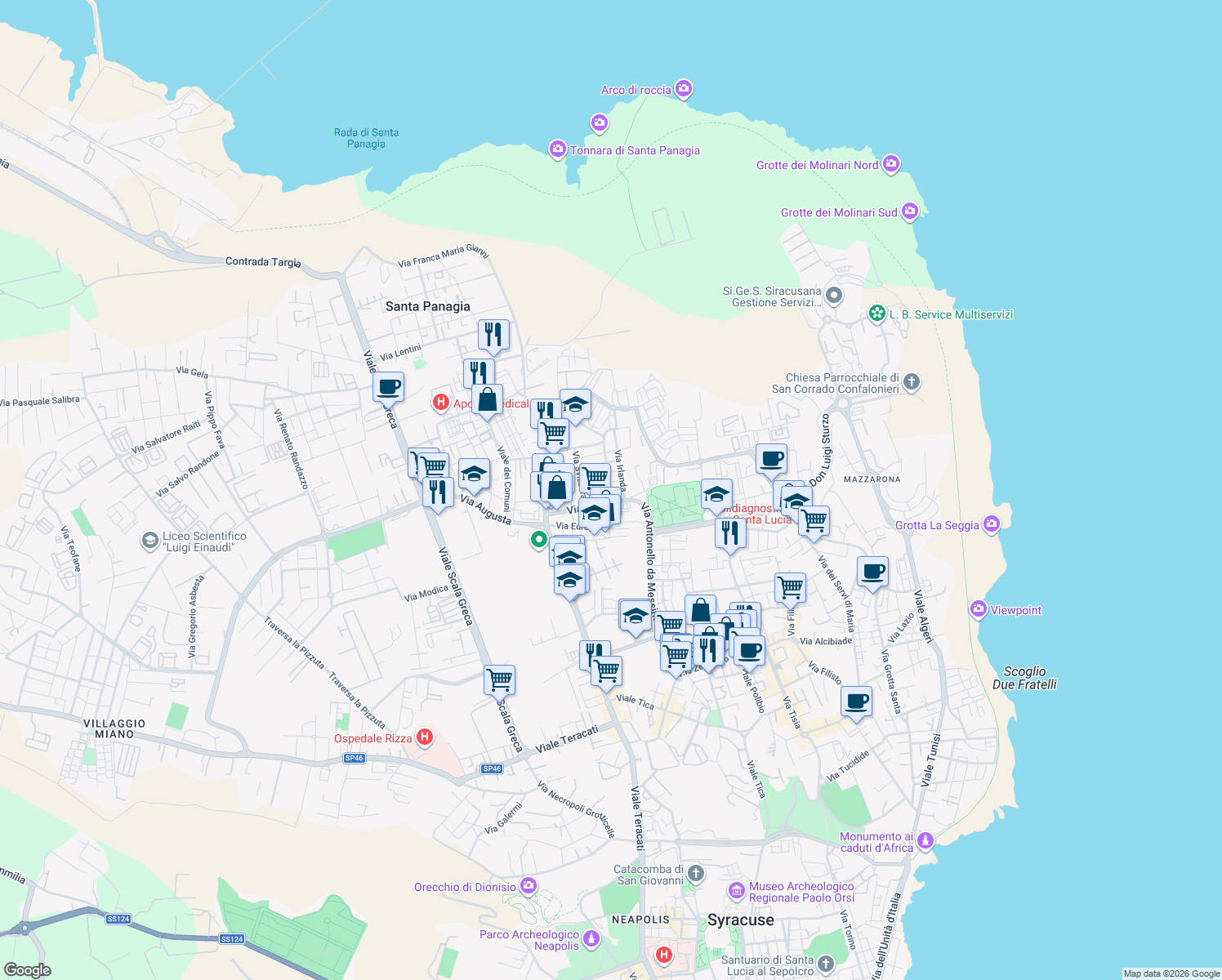 map of restaurants, bars, coffee shops, grocery stores, and more near 5 Via Irlanda in Syracuse