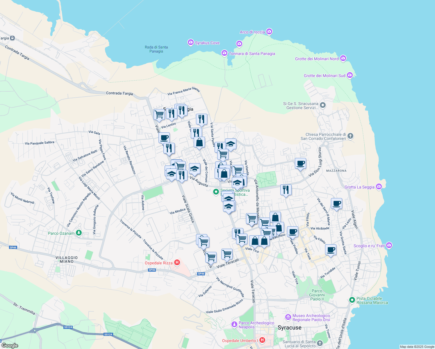 map of restaurants, bars, coffee shops, grocery stores, and more near Via Adrano in Siracusa