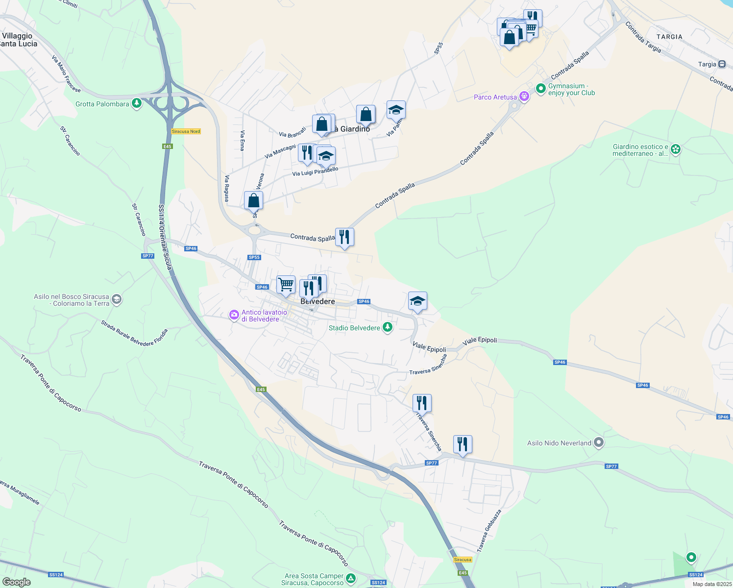 map of restaurants, bars, coffee shops, grocery stores, and more near 11 Via Giovanna d'Arco in Belvedere