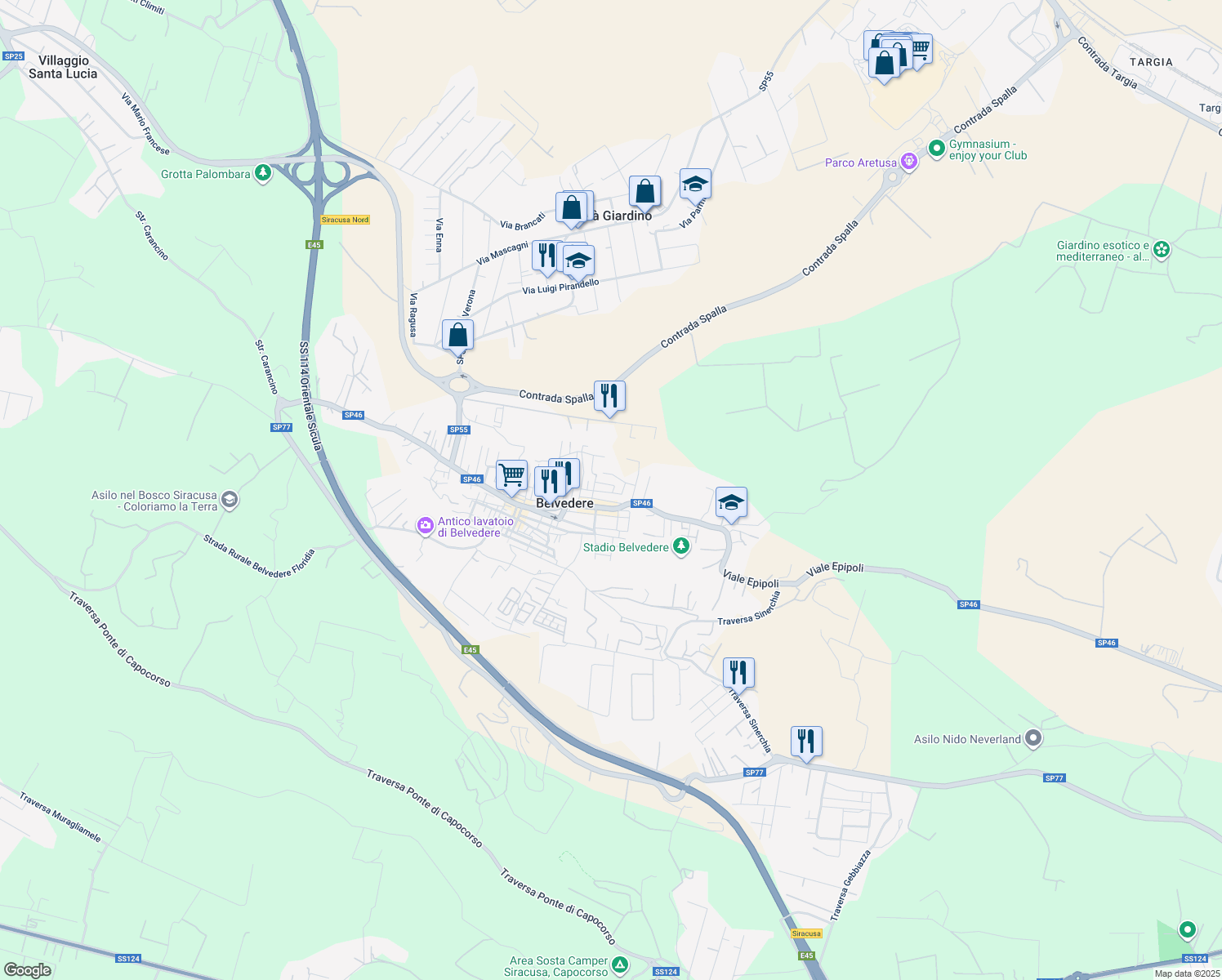 map of restaurants, bars, coffee shops, grocery stores, and more near Via Goffredo Mameli in Belvedere