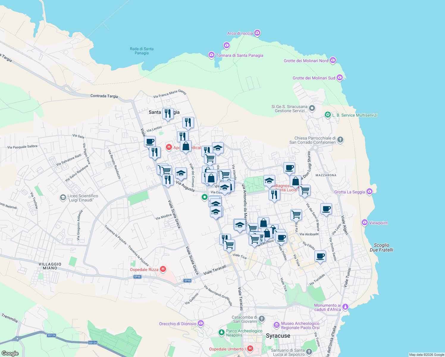 map of restaurants, bars, coffee shops, grocery stores, and more near 9 Via Lussemburgo in Siracusa
