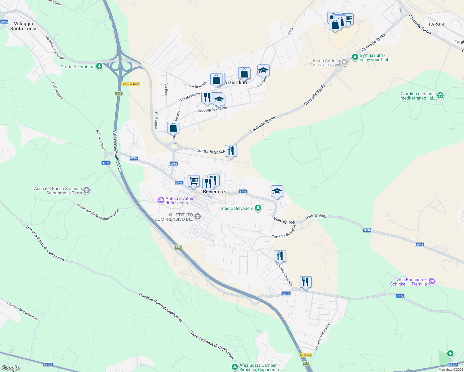 map of restaurants, bars, coffee shops, grocery stores, and more near Via Goffredo Mameli in Belvedere