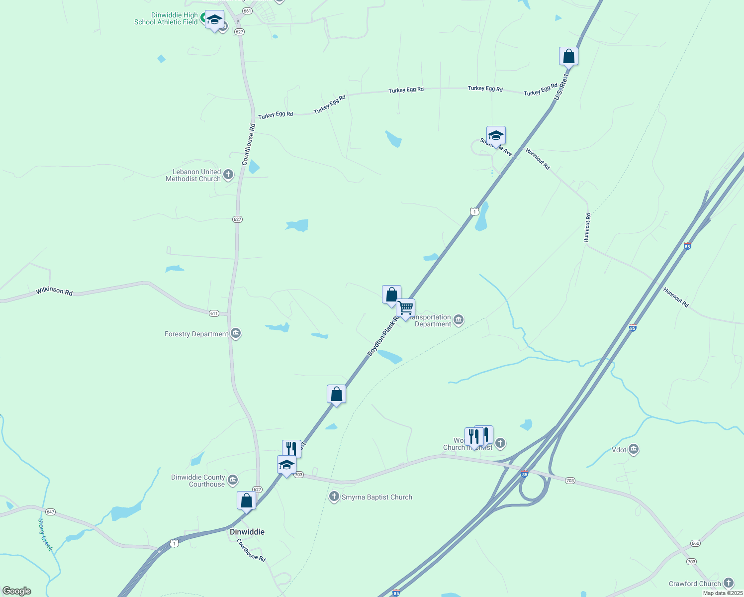 map of restaurants, bars, coffee shops, grocery stores, and more near 19103 Maple Street in Dinwiddie