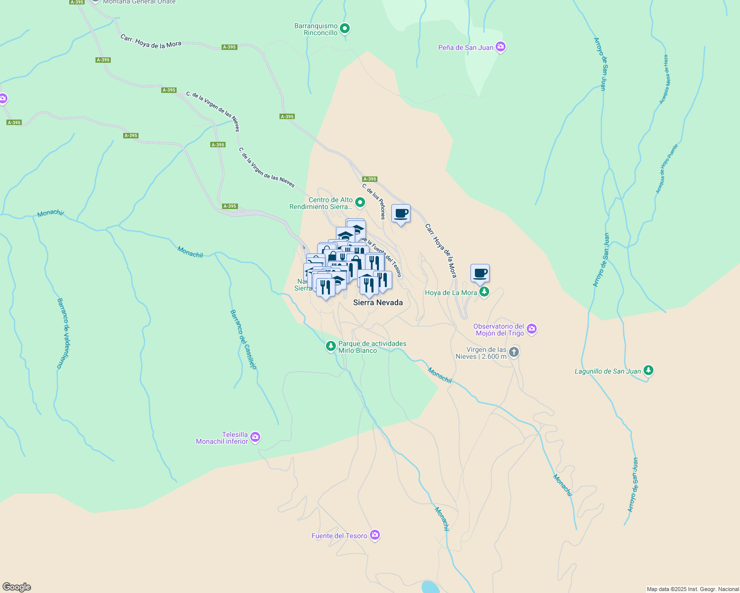 map of restaurants, bars, coffee shops, grocery stores, and more near 79 Calle de la Virgen de las Nieves in Sierra Nevada