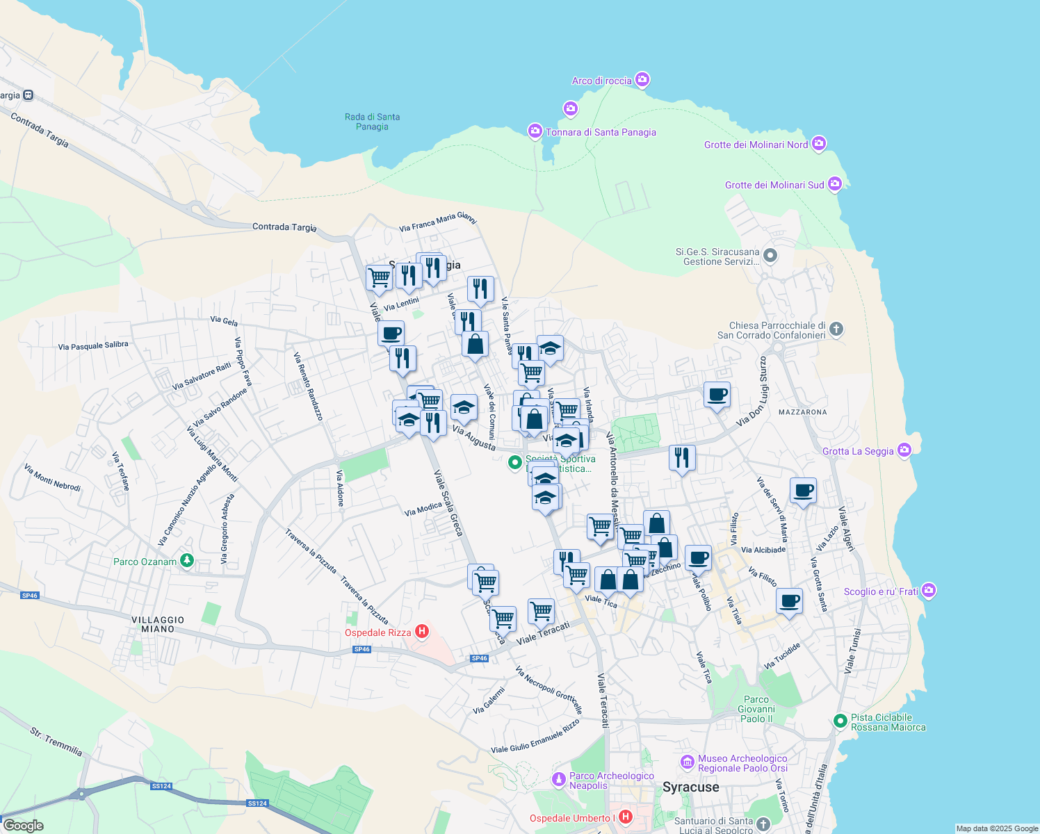 map of restaurants, bars, coffee shops, grocery stores, and more near Via Adrano in Syracuse