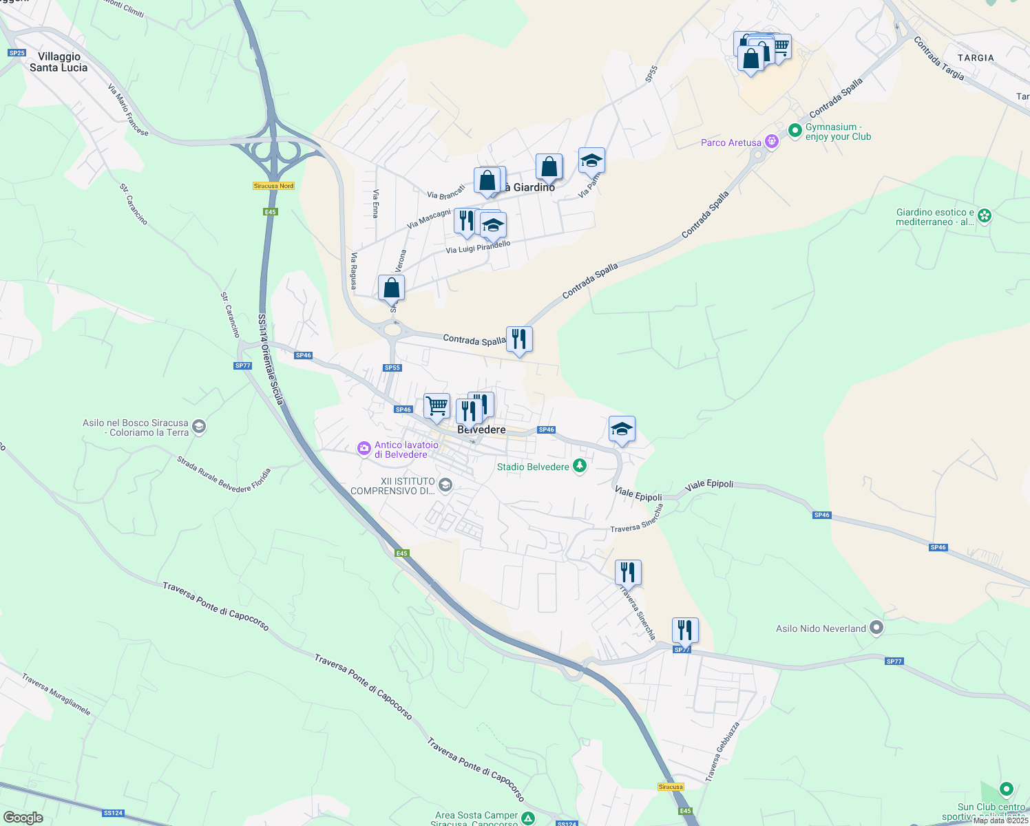 map of restaurants, bars, coffee shops, grocery stores, and more near Via Goffredo Mameli in Belvedere