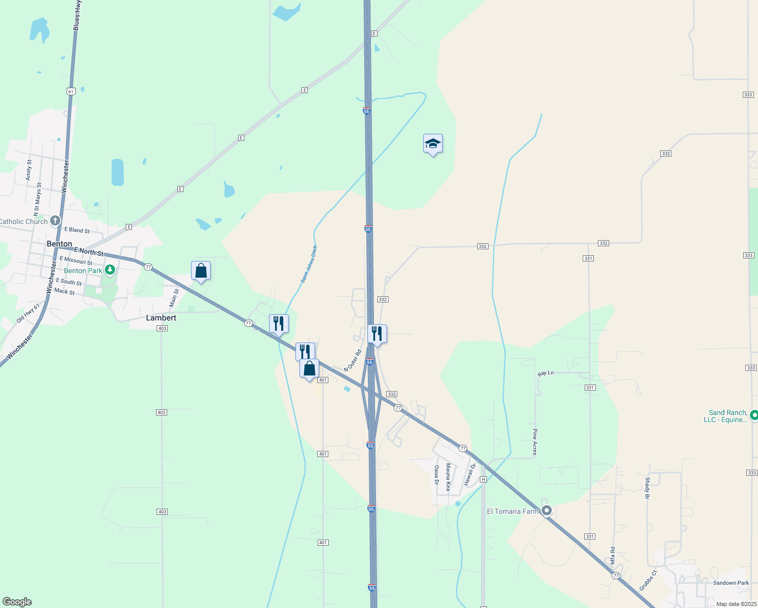 map of restaurants, bars, coffee shops, grocery stores, and more near 343 County Road 332 in Benton
