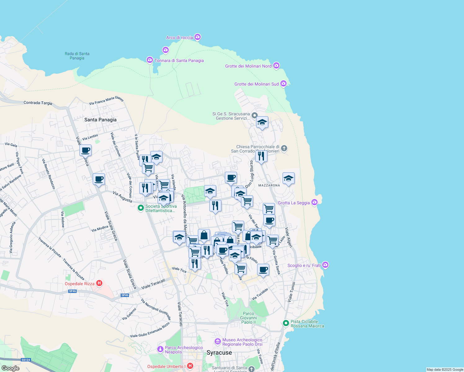 map of restaurants, bars, coffee shops, grocery stores, and more near 13 Via Michele Bonanno in Siracusa