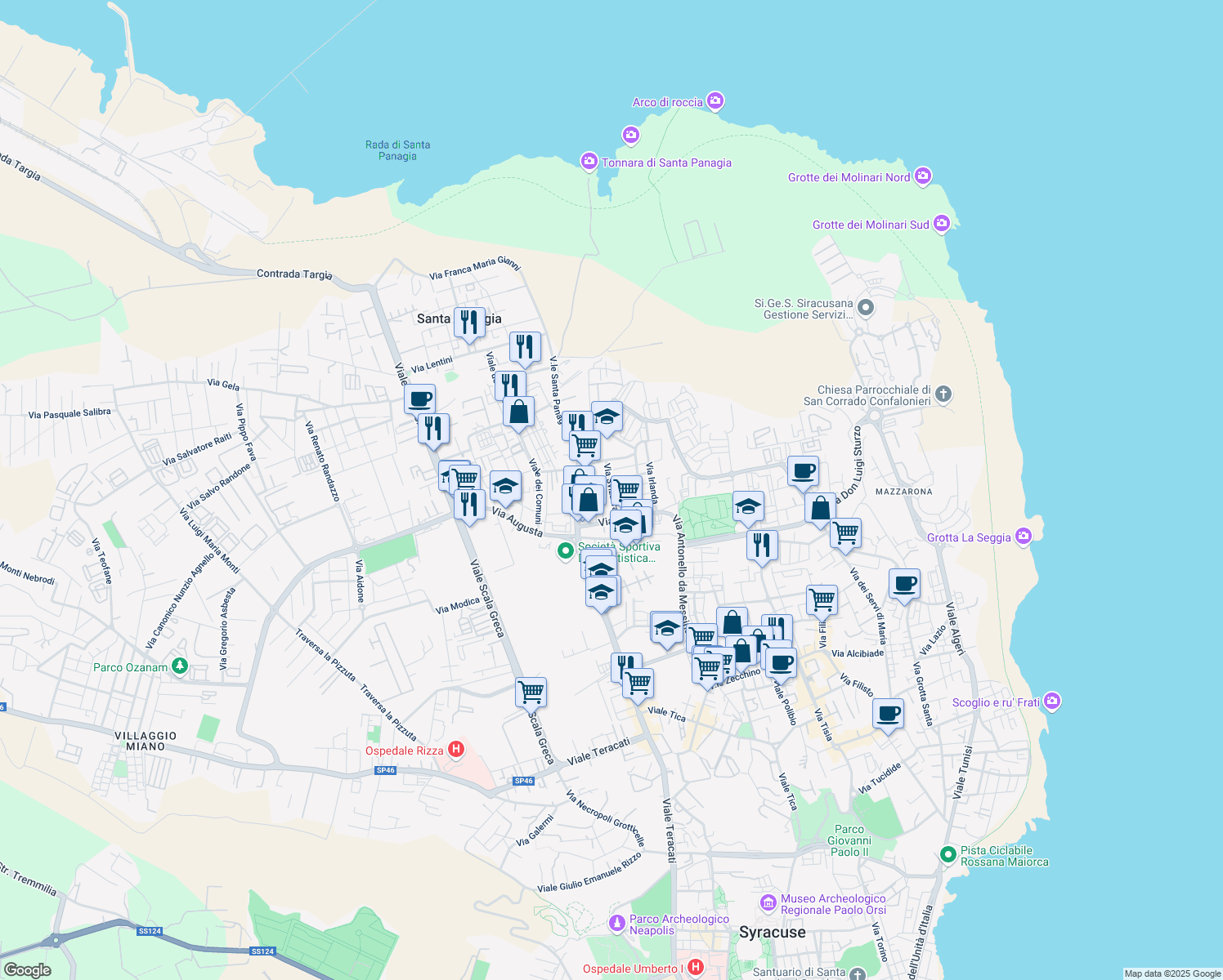 map of restaurants, bars, coffee shops, grocery stores, and more near 9 Via Lussemburgo in Siracusa