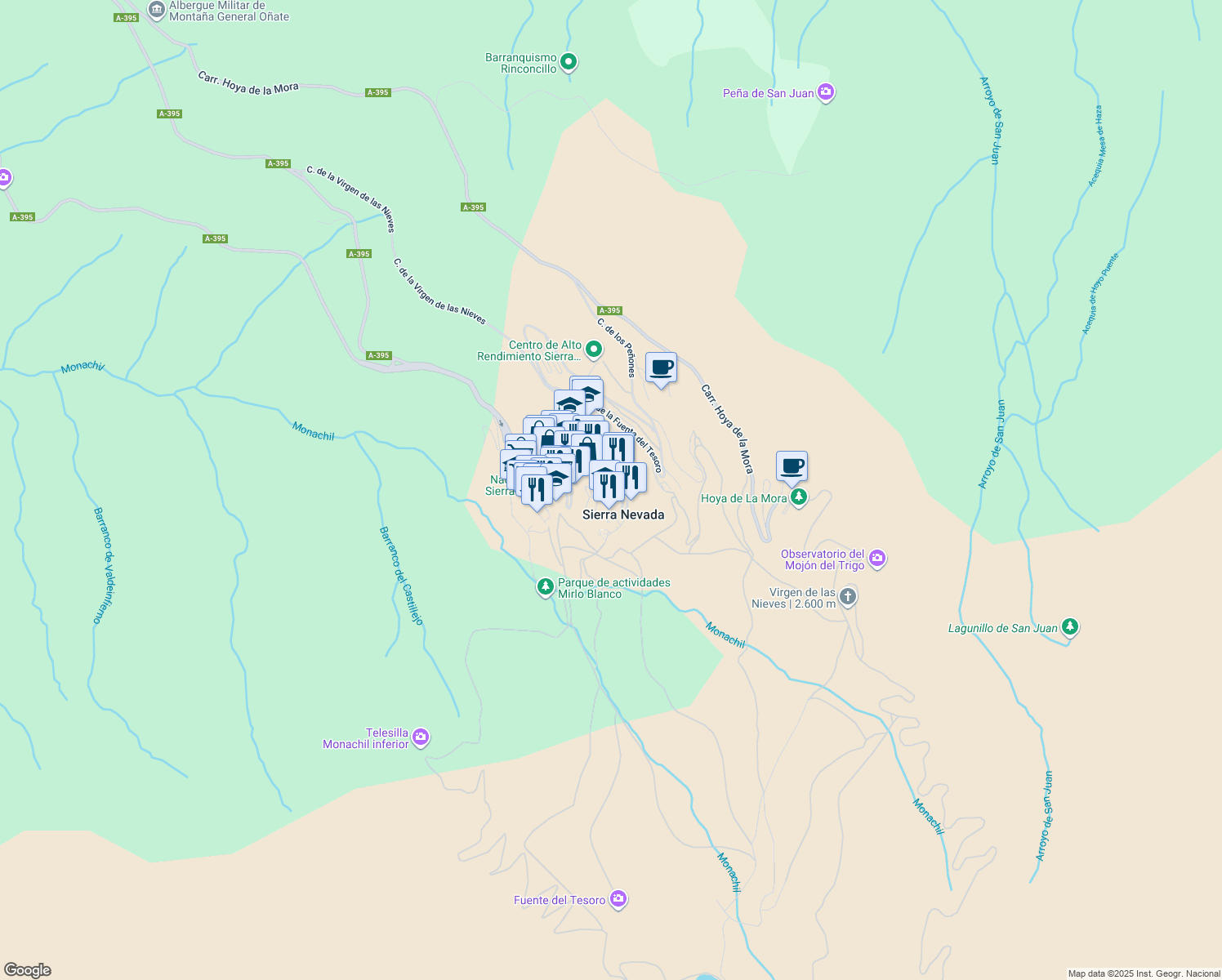 map of restaurants, bars, coffee shops, grocery stores, and more near 9 Calle de la Virgen de las Nieves in Monachil