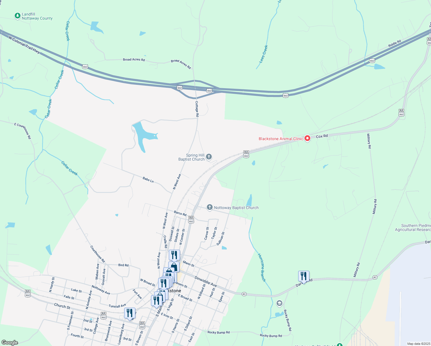 map of restaurants, bars, coffee shops, grocery stores, and more near 822 Cox Road in Blackstone